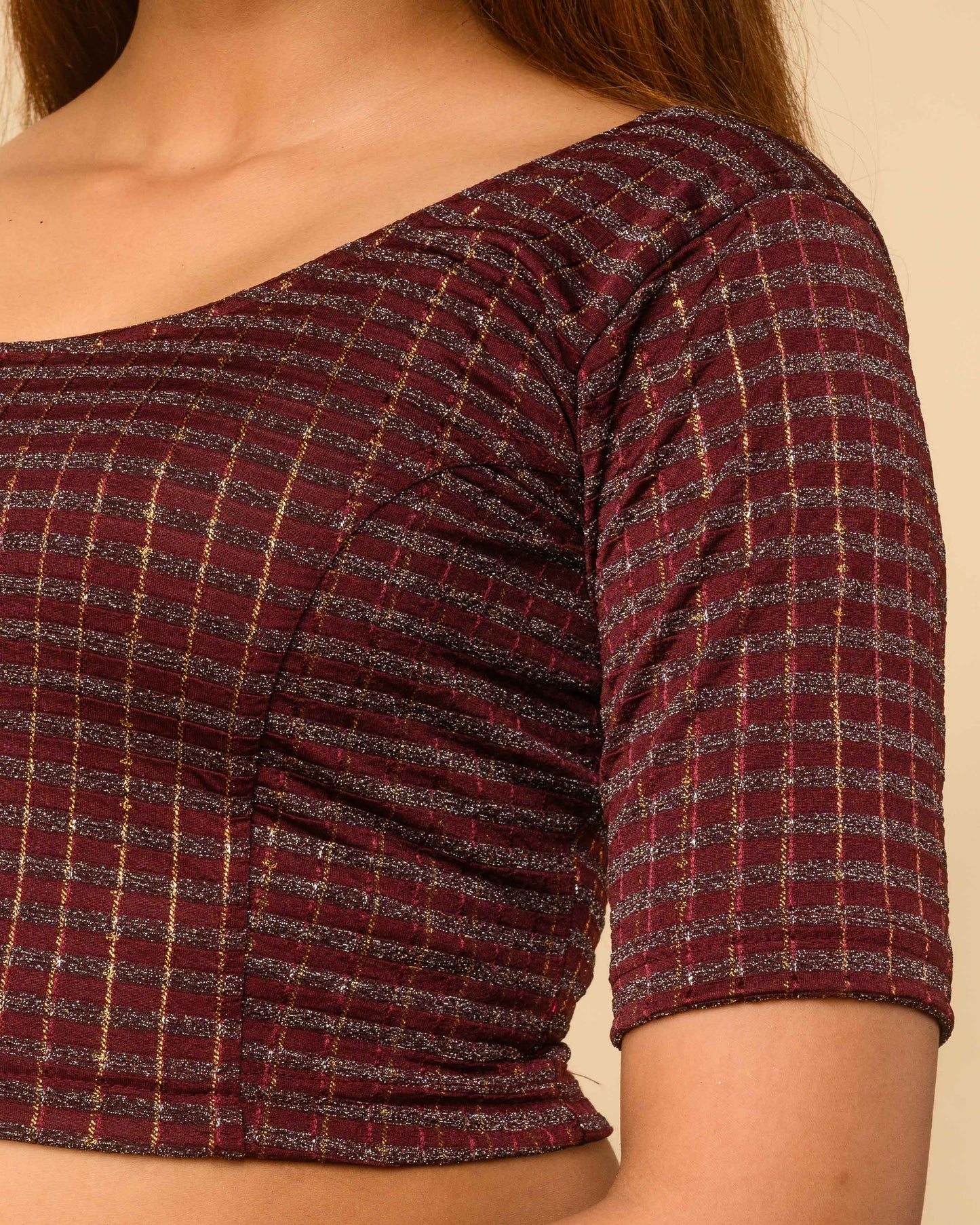 Padmini Wine Handwork Buti Zari Striped Jacquard Stretchable Saree Blouse Advi