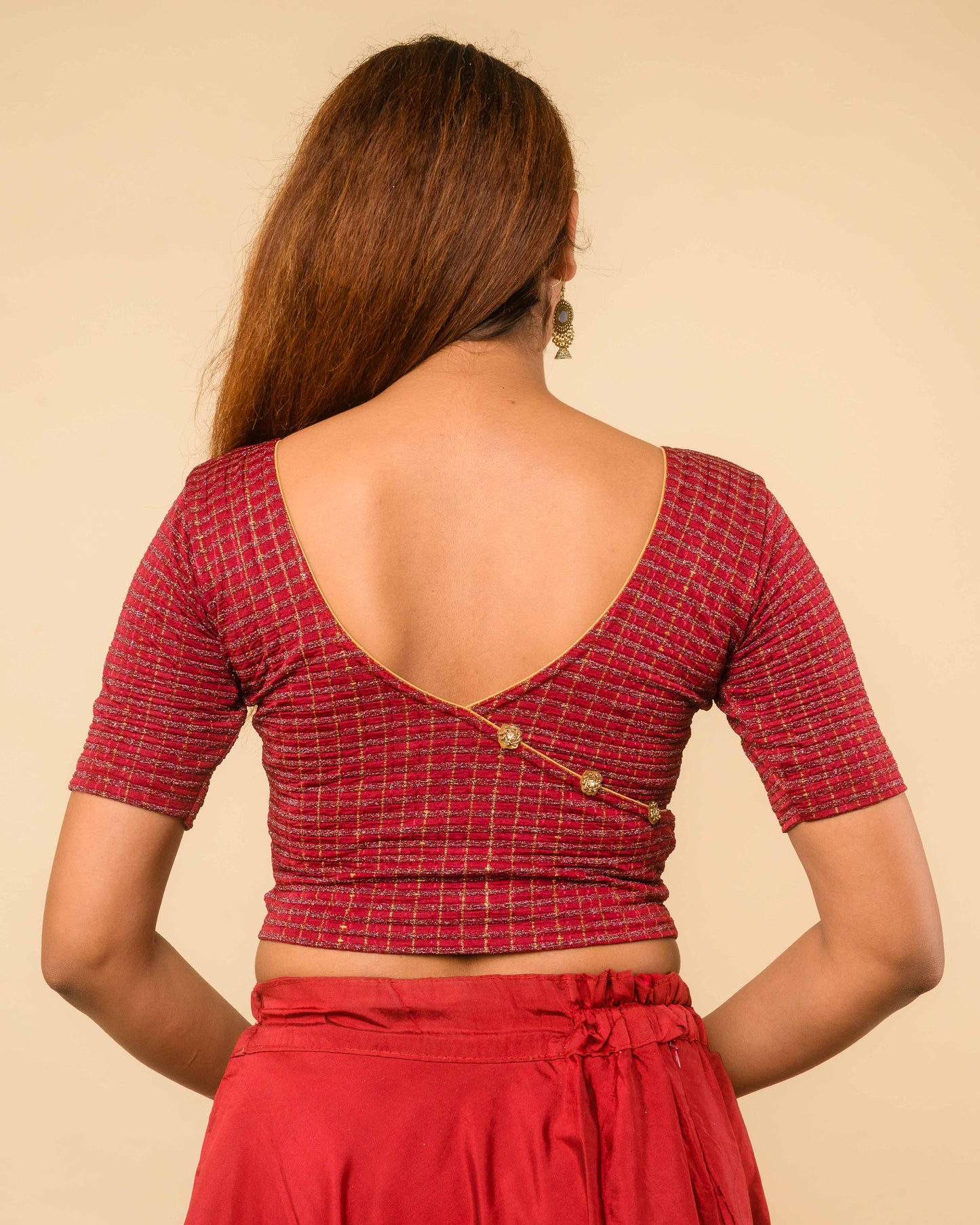 Padmini Maroon Handwork Buti Zari Striped Jacquard Stretchable Saree Blouse Advi