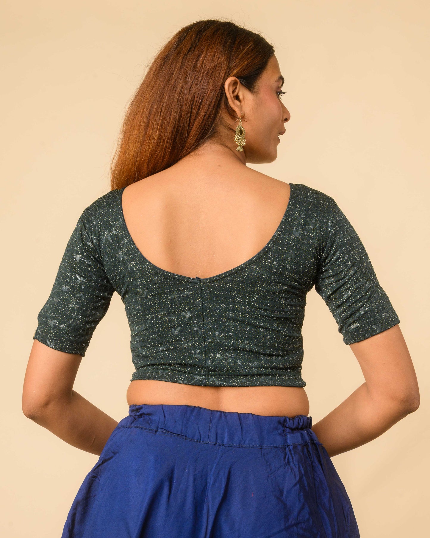 Vaaya Bottle Green Glitter Dobby Jacquard Stretchable Saree Blouse Advi