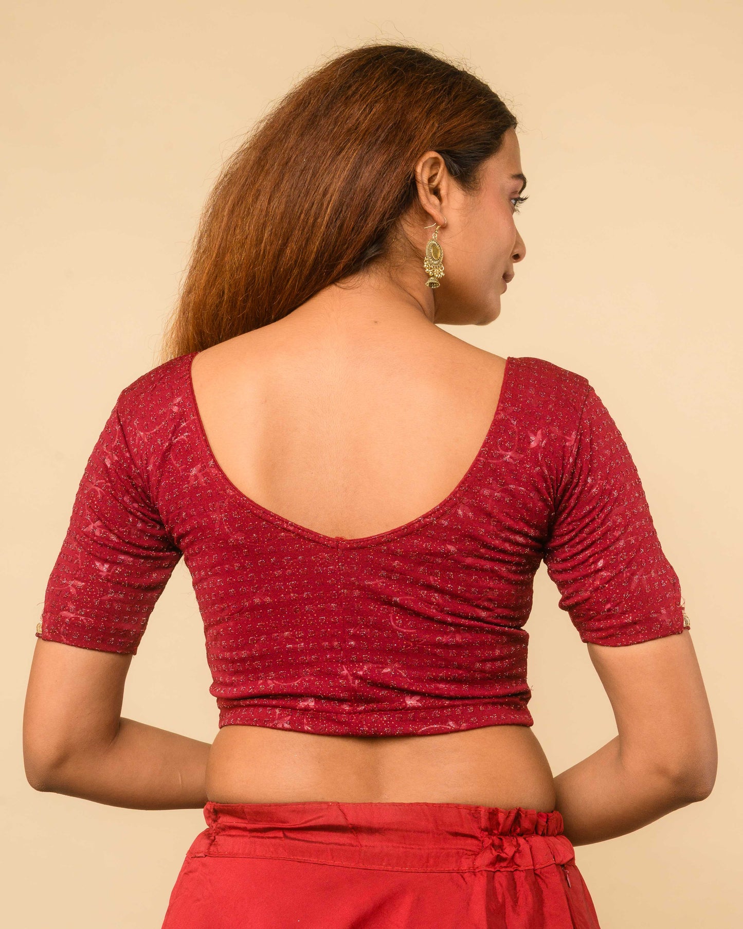 Vaaya Maroon Glitter Dobby Jacquard Stretchable Saree Blouse Advi