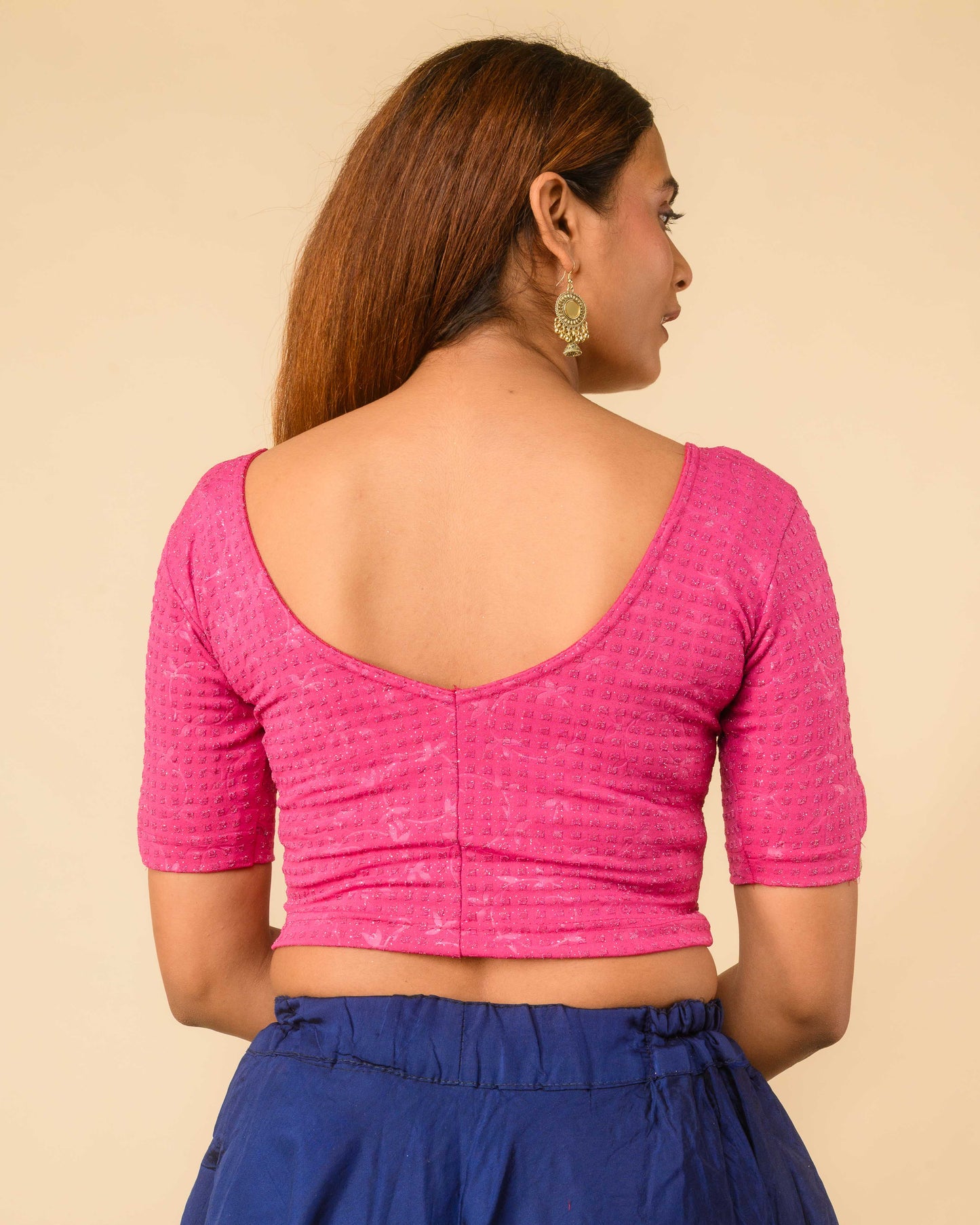 Vaaya Rani Pink Glitter Dobby Jacquard Stretchable Saree Blouse Advi