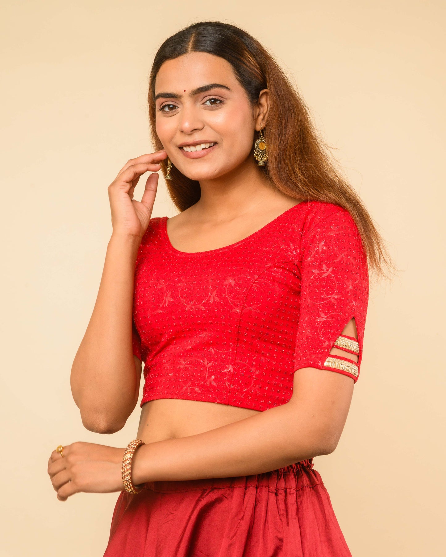 Vaaya Red Glitter Dobby Jacquard Stretchable Saree Blouse Advi