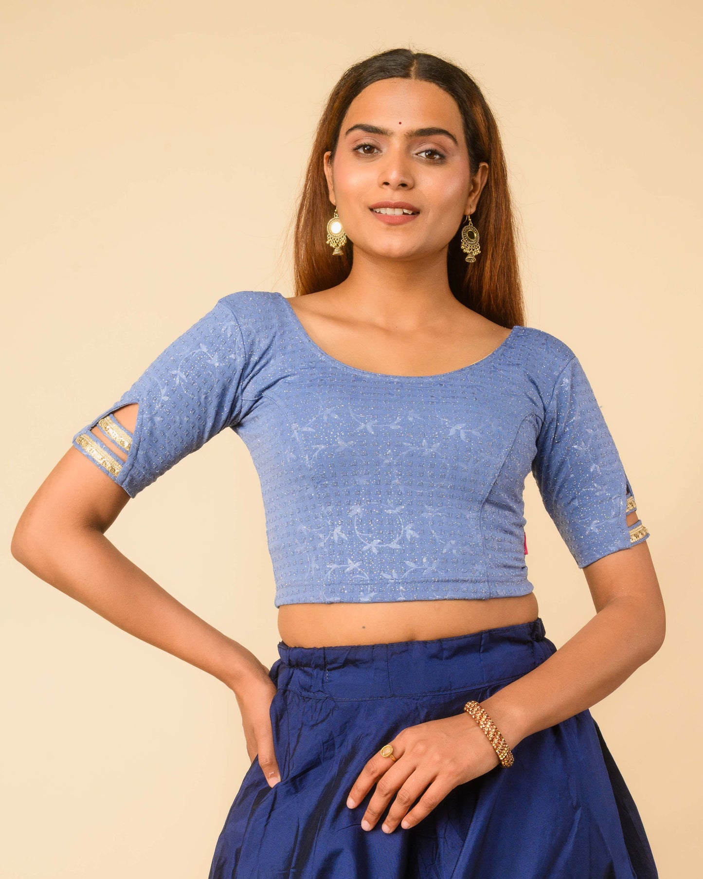 Vaaya Steel Blue Glitter Dobby Jacquard Stretchable Saree Blouse Advi