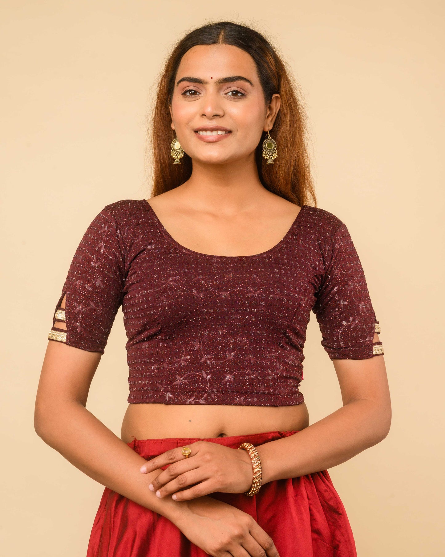 Vaaya Wine Glitter Dobby Jacquard Stretchable Saree Blouse Advi
