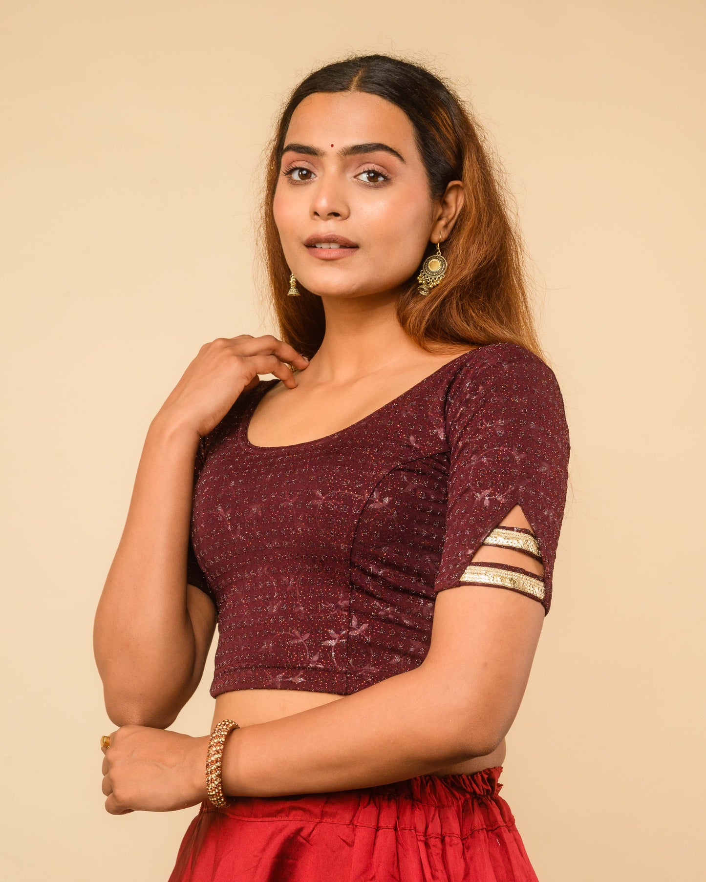 Vaaya Wine Glitter Dobby Jacquard Stretchable Saree Blouse Advi