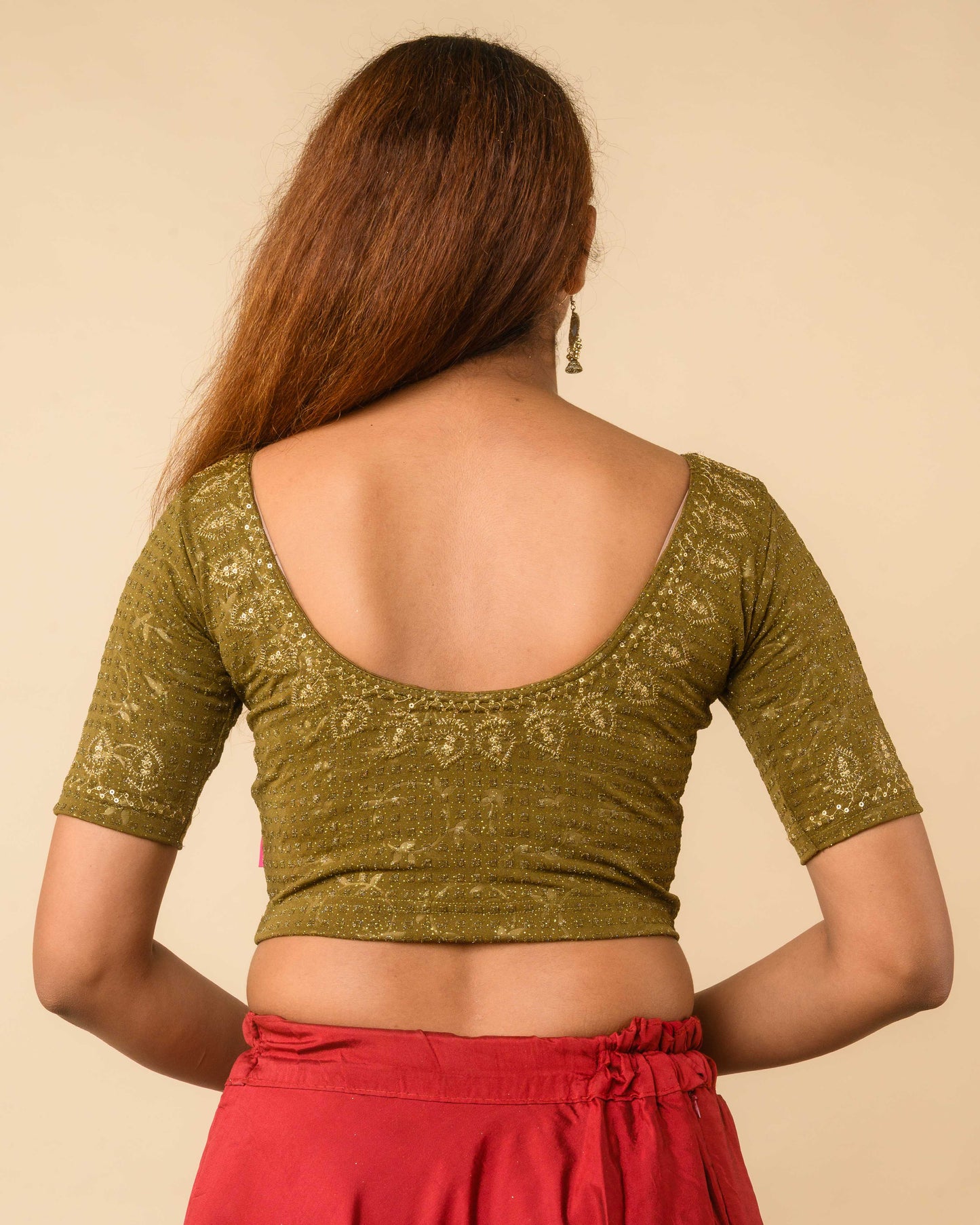 Zubaida Mehendi Zari Sequin Embroidered Stretchable Saree Blouse Advi