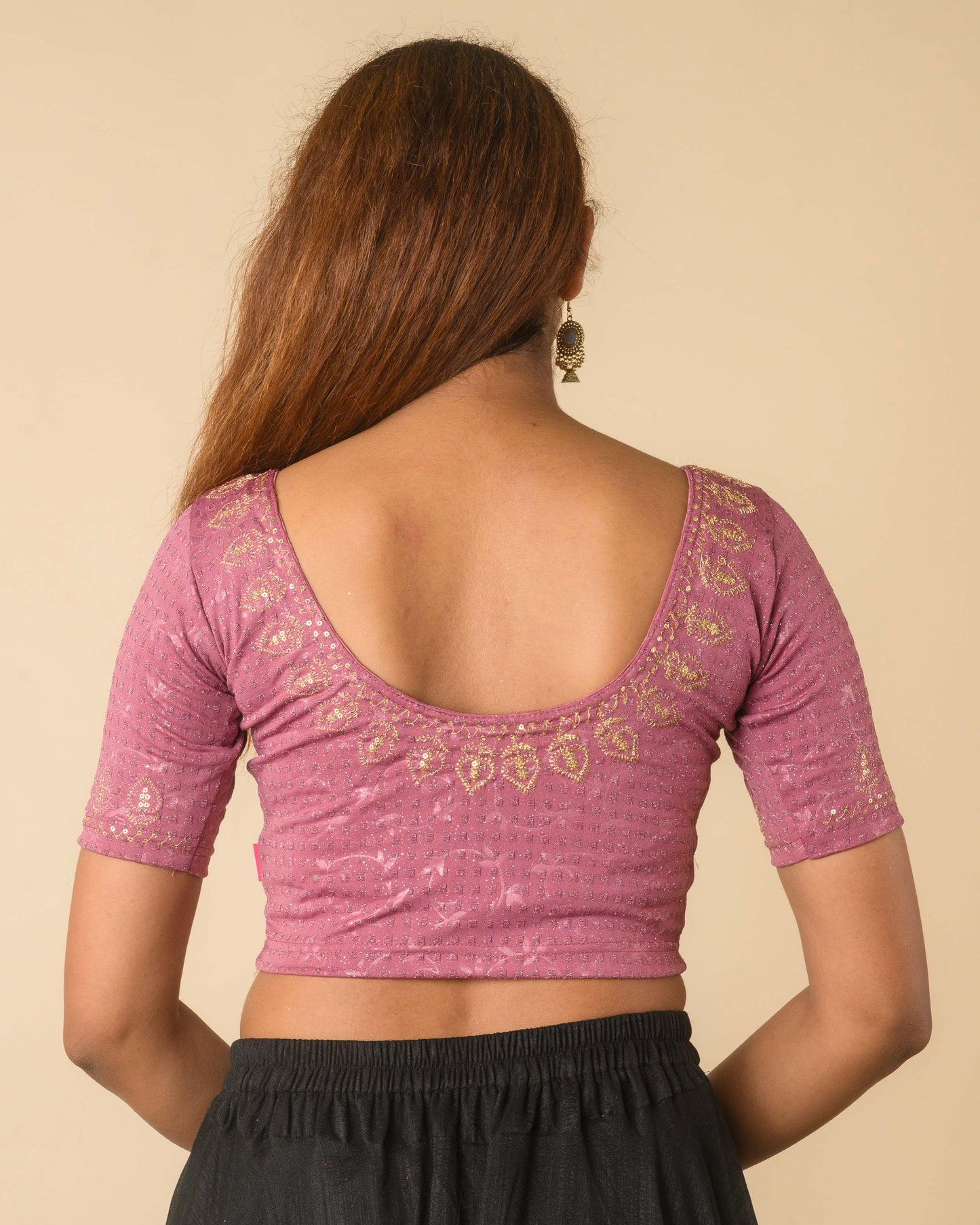 Zubaida Onion Pink Zari Sequin Embroidered Stretchable Saree Blouse Advi