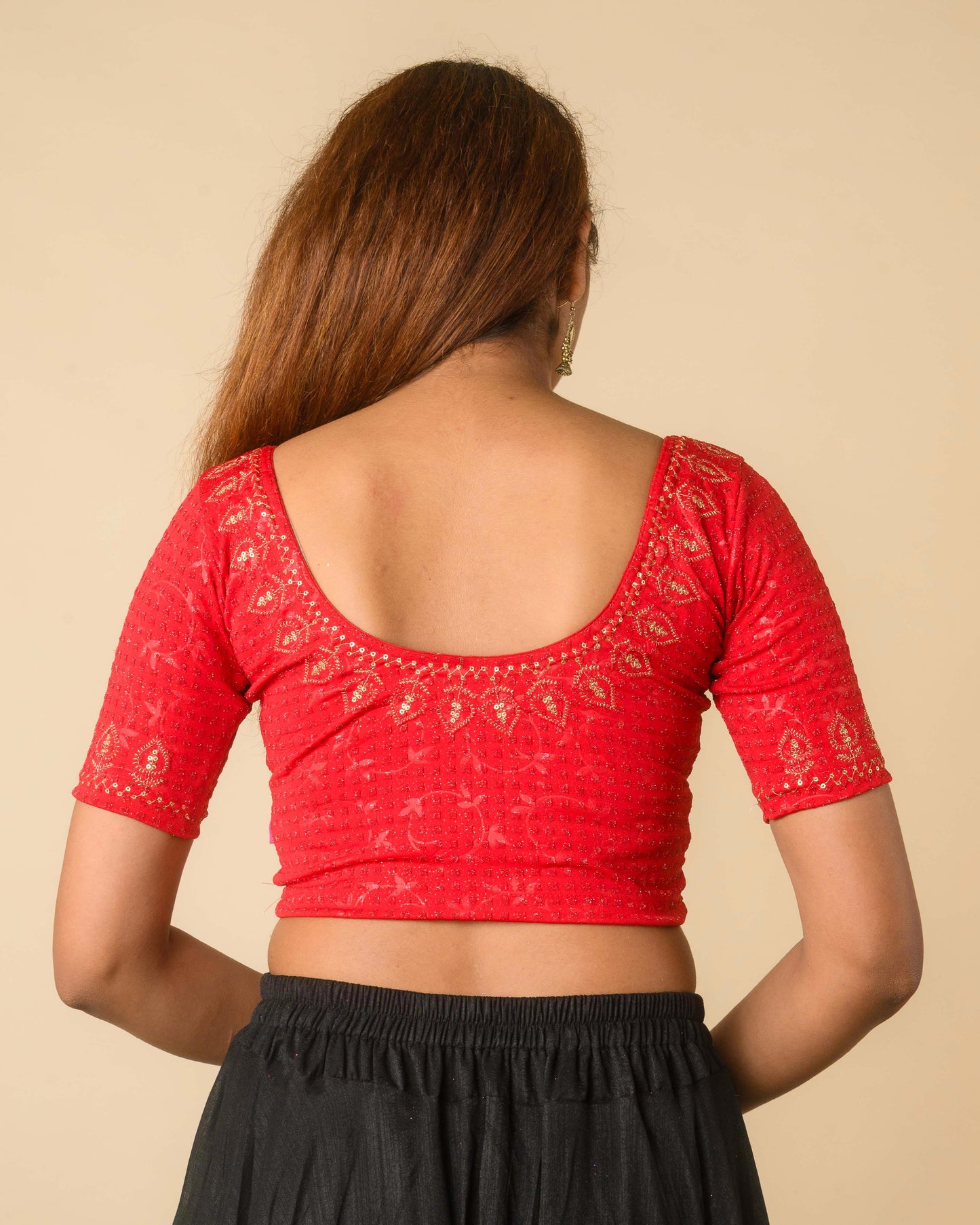 Zubaida Red Zari Sequin Embroidered Stretchable Saree Blouse Advi