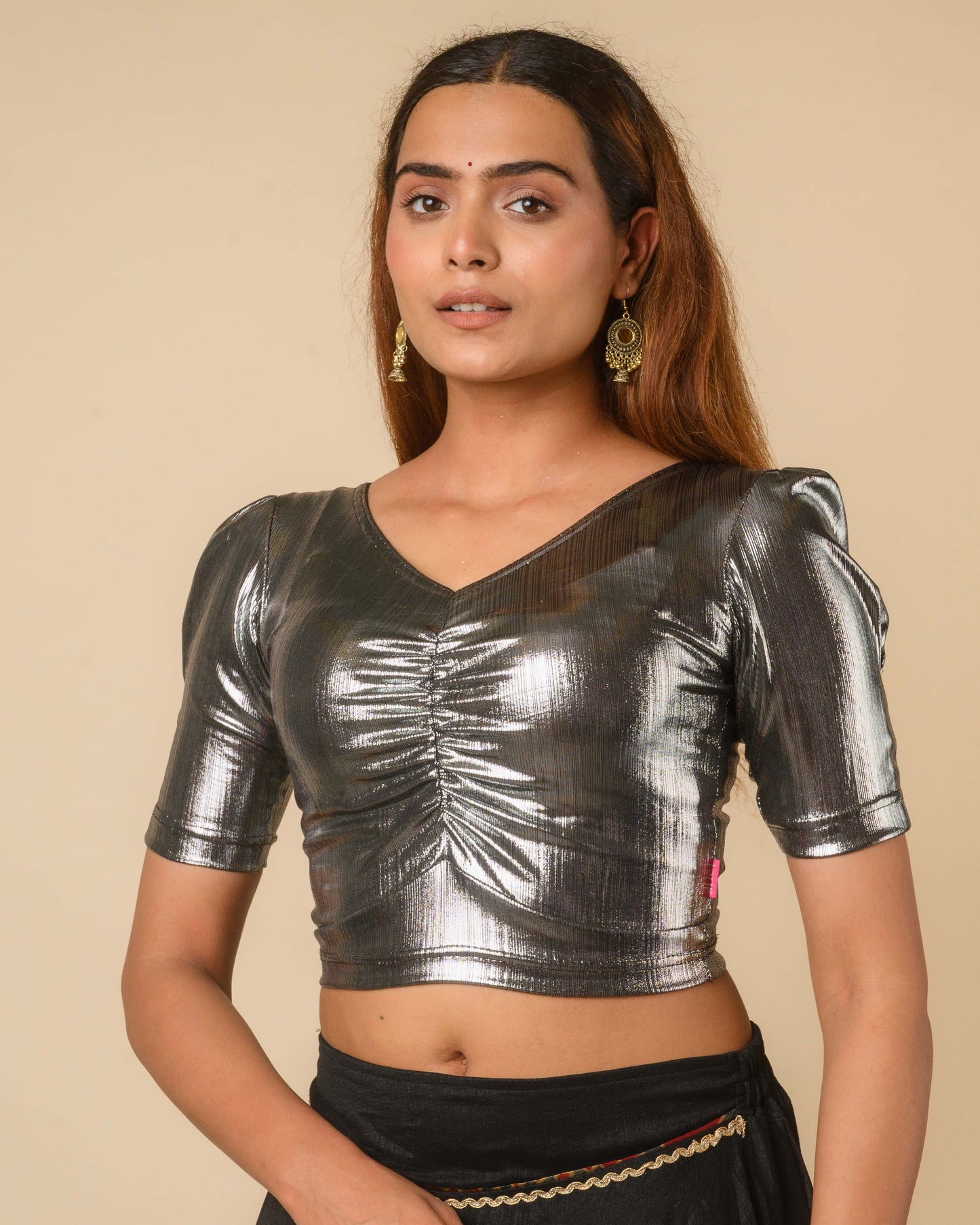 Sultana Gunmetal Gray Metallic Puff Sleeve Stretchable Saree Blouse Advi