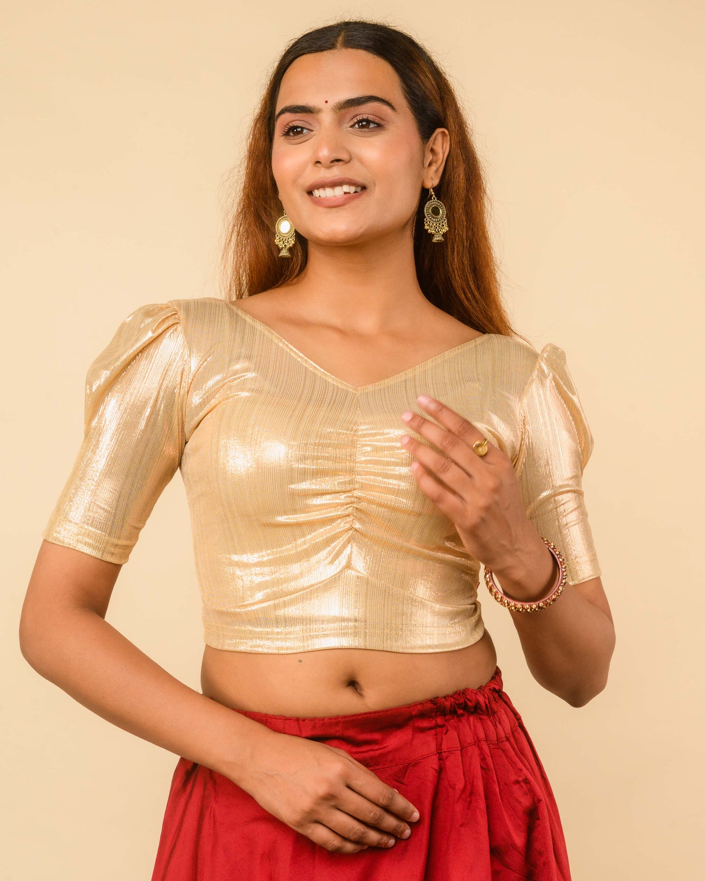 Sultana Ivory Gold Metallic Puff Sleeve Stretchable Saree Blouse Advi