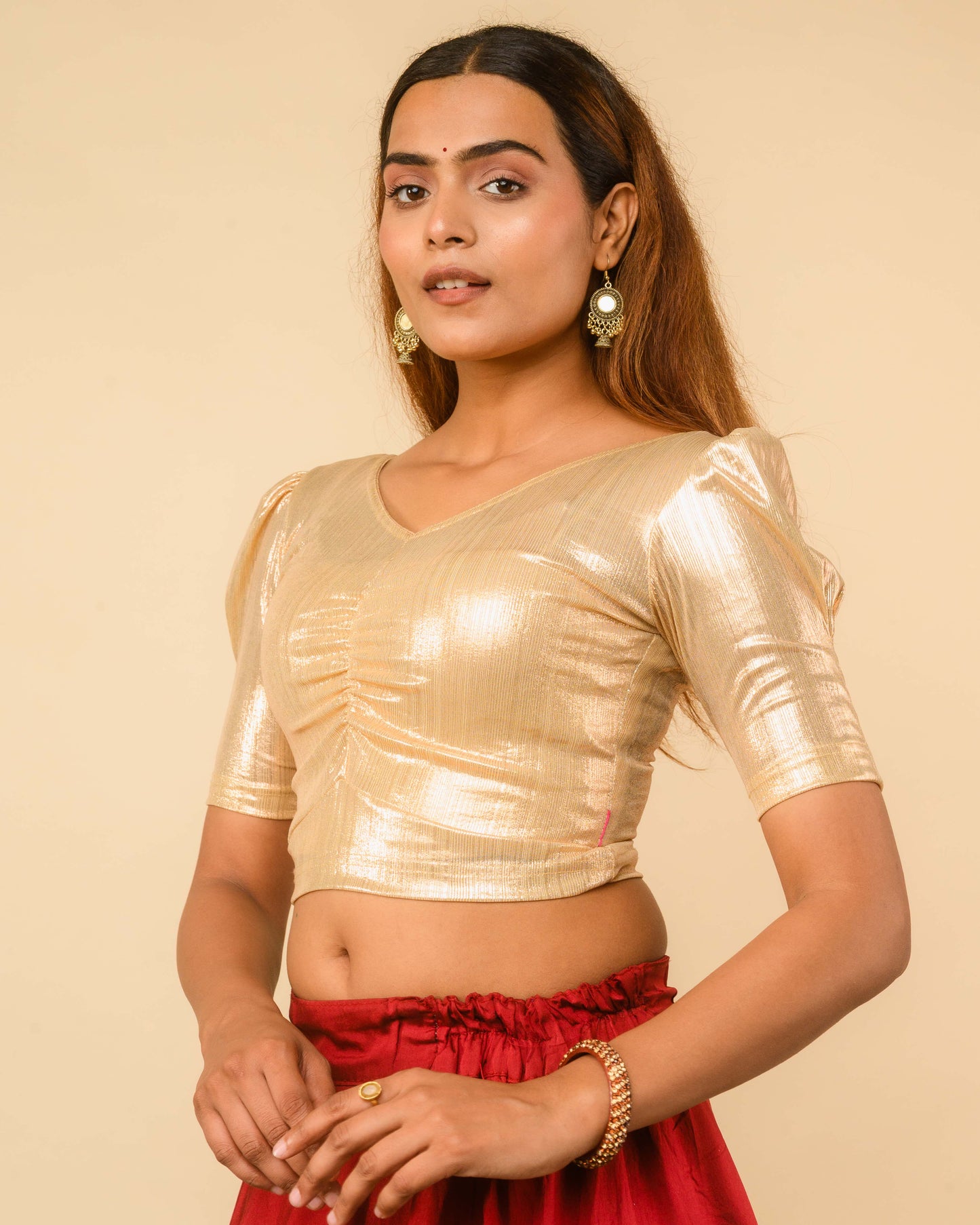 Sultana Ivory Gold Metallic Puff Sleeve Stretchable Saree Blouse Advi