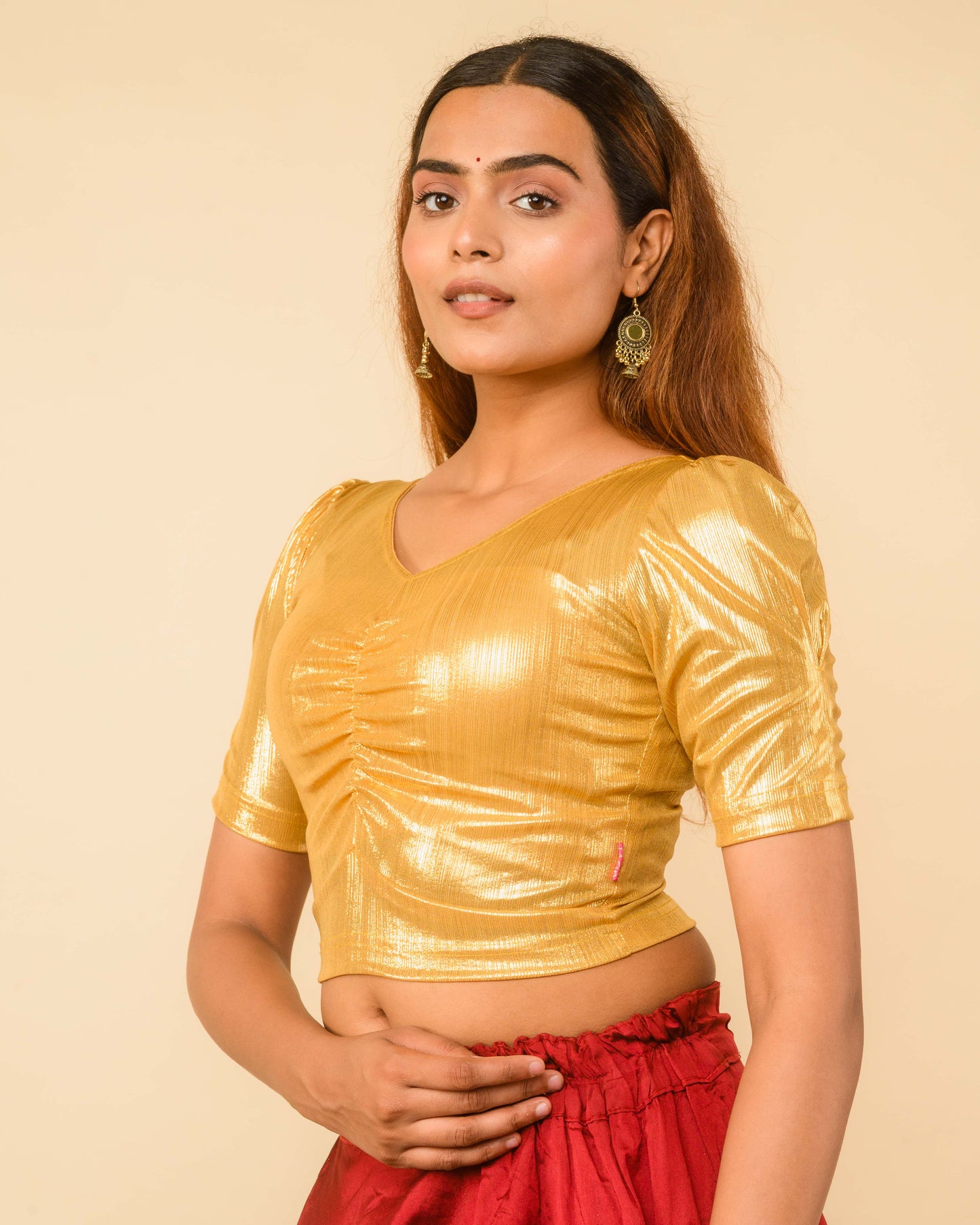 Sultana Yellow Gold Metallic Puff Sleeve Stretchable Saree Blouse Advi