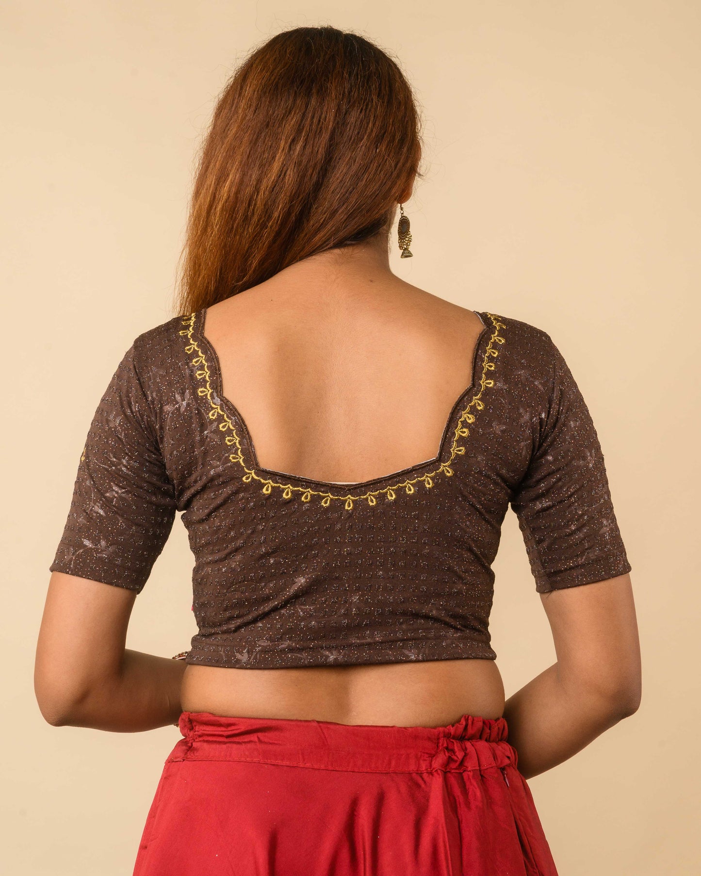Chamkila Coffee Zari Embroidered Readymade Stretchable Saree Blouse Advi