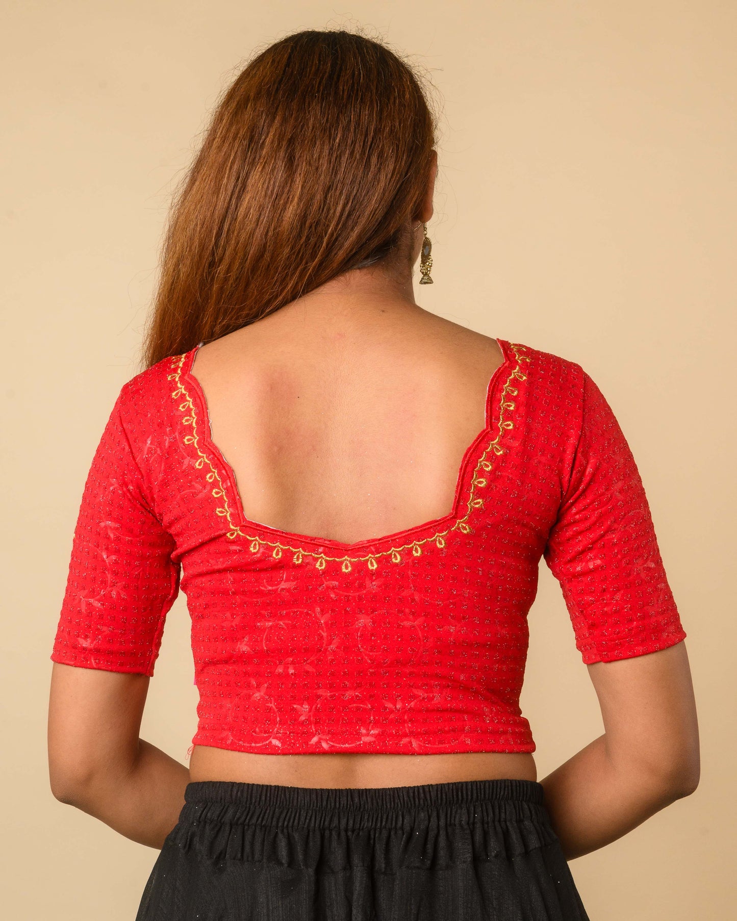 Chamkila Red Zari Embroidered Readymade Stretchable Saree Blouse Advi
