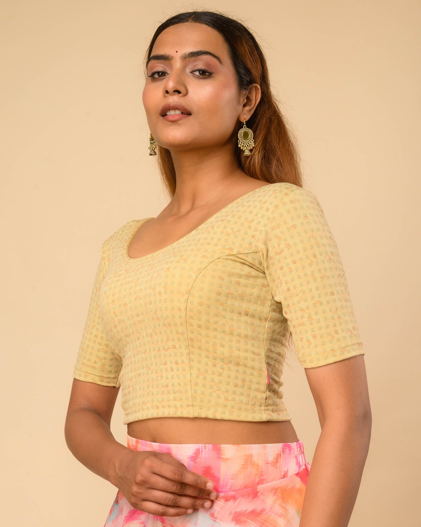 Rutvi Cream Metallic Zari Readymade Stretchable Saree Blouse Advi