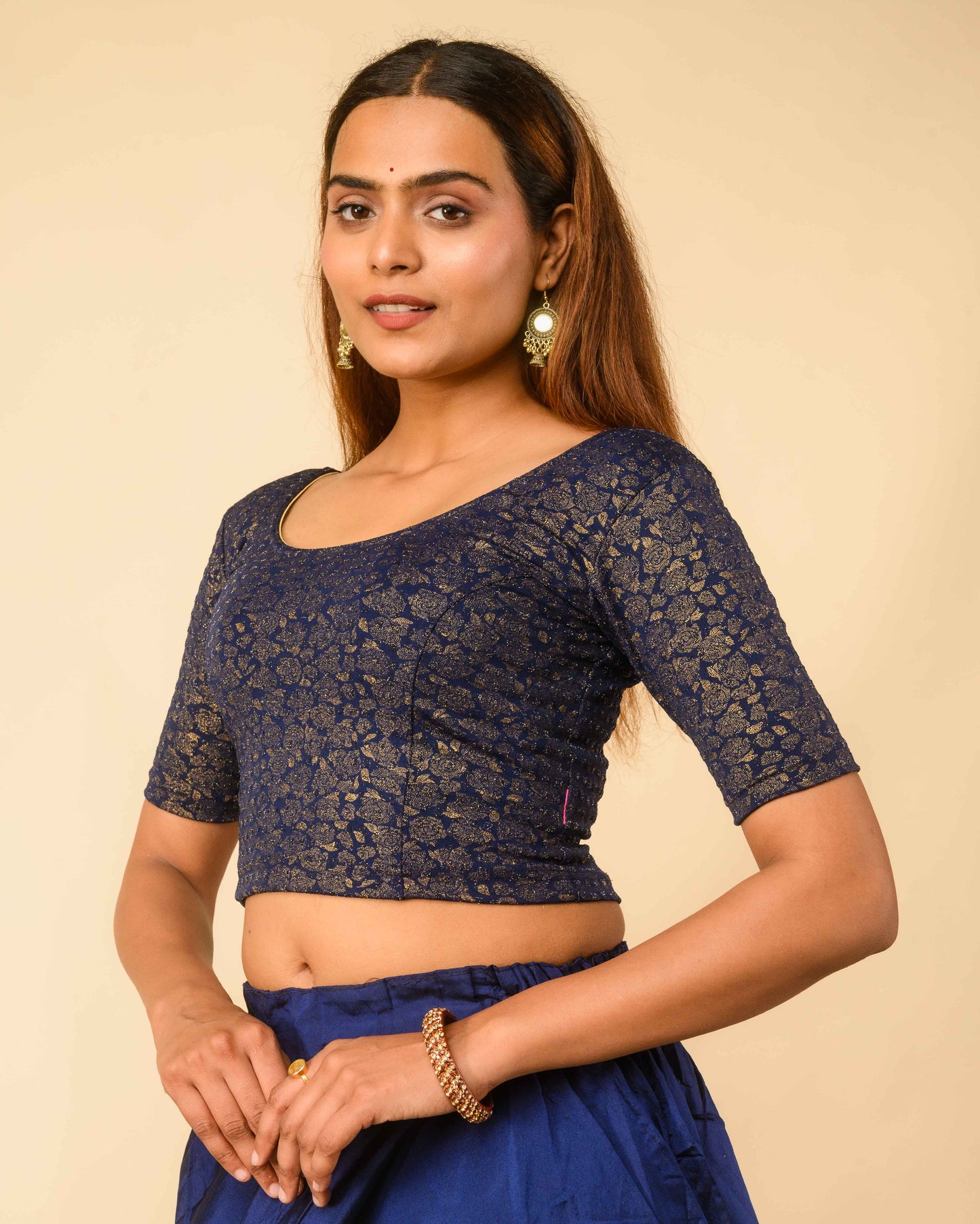 Rutvi Navy Blue Metallic Zari Readymade Stretchable Saree Blouse Advi