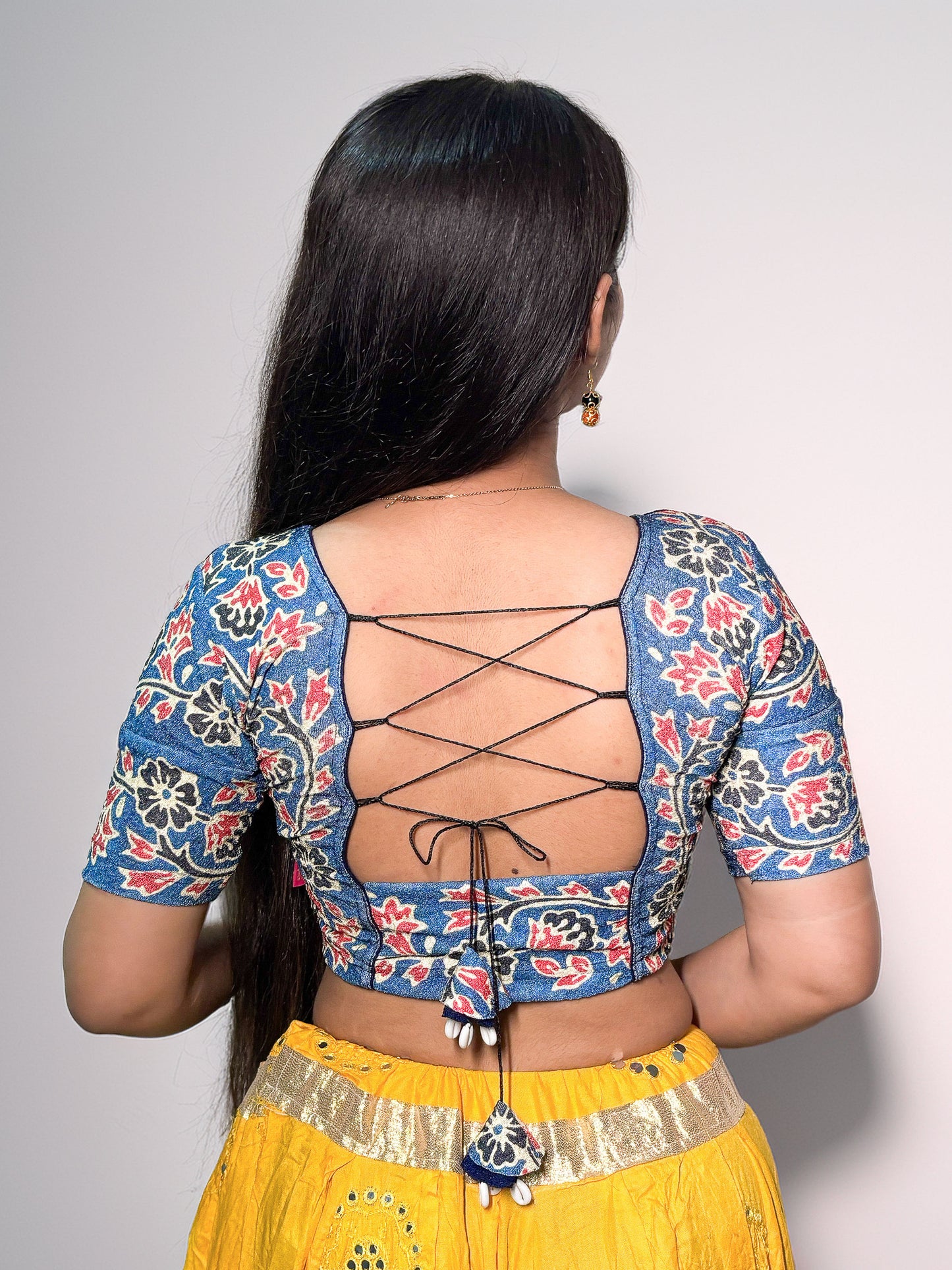 Durga Navy Navratri Ajrakh Mirrorwork and Cowri Latkan Stretchable Readymade Blouse