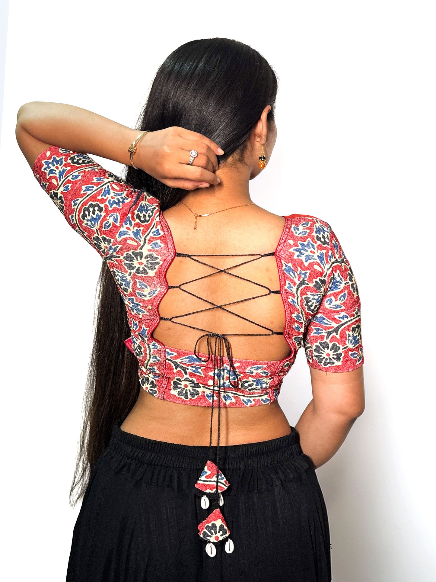 Durga Red Navratri Ajrakh Mirrorwork and Cowri Latkan Stretchable Readymade Blouse