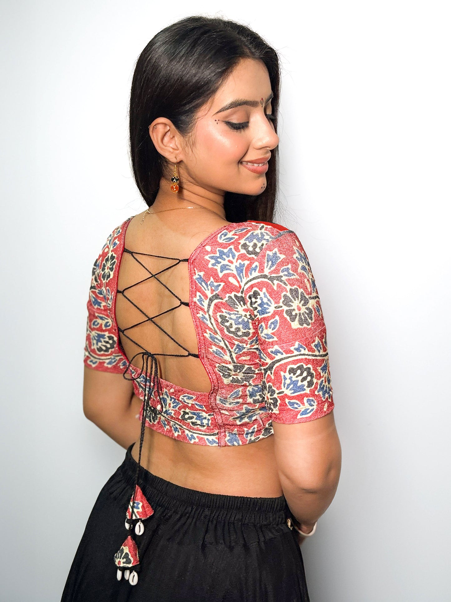 Durga Red Navratri Ajrakh Mirrorwork and Cowri Latkan Stretchable Readymade Blouse