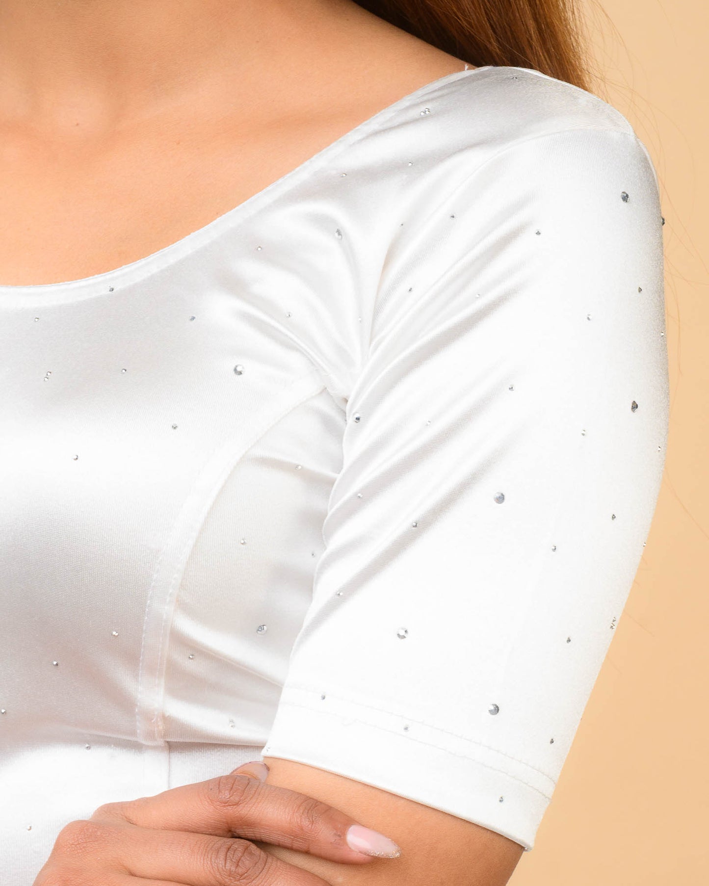 Kashish White Swarovski Stone Stretchable Saree Blouse Advi