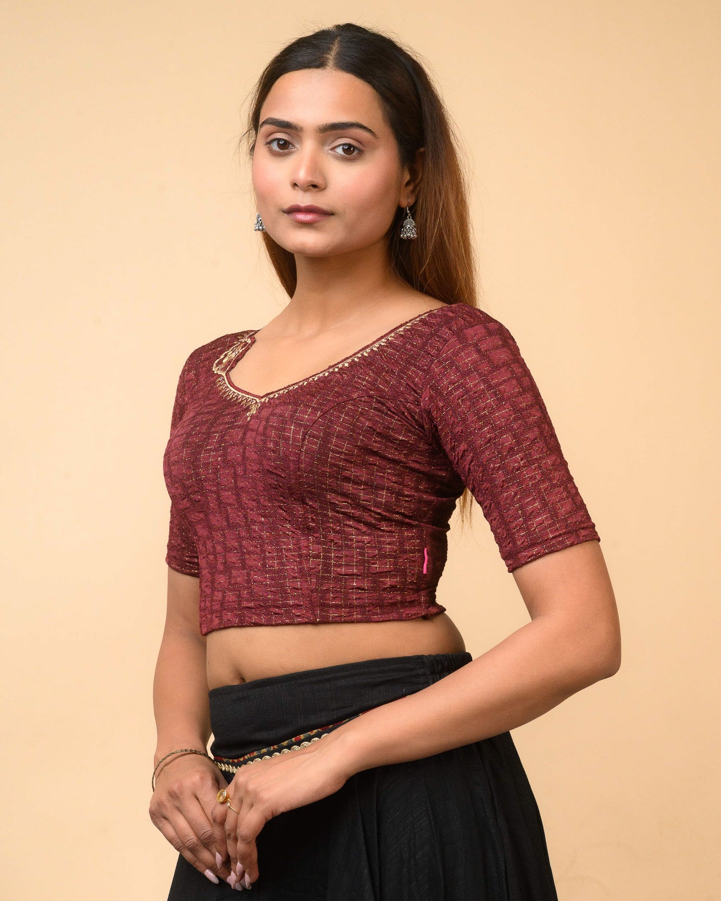 Morpankh Wine Zari Embroidered Designer Neck Saree Blouse Advi