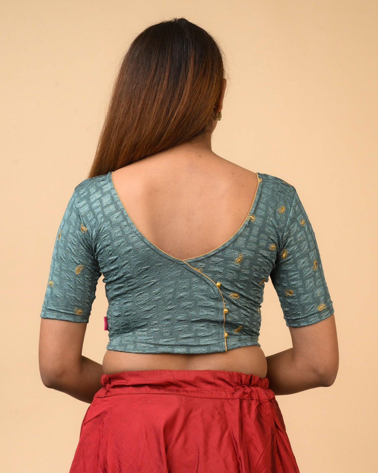 Sona Sea Green Foil Checkered Resham Work Saree Blouse Advi