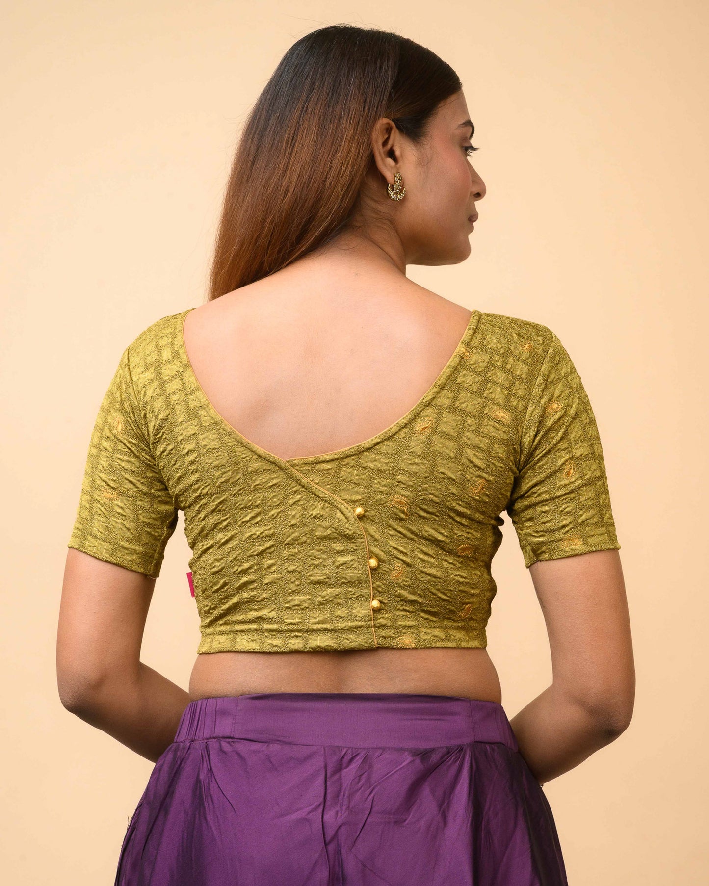 Sona Mehendi Green Foil Checkered Resham Work Saree Blouse Advi