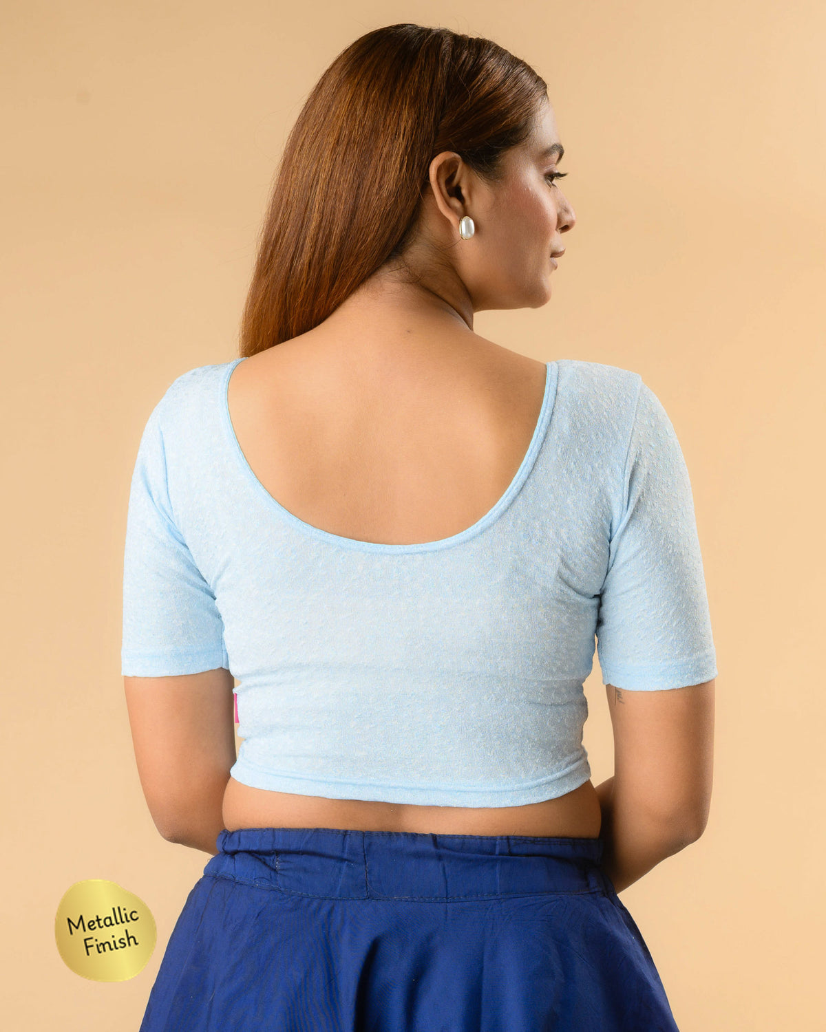 Uttara powder blue metallic jacquard blouse showing deep round back by Advi - back