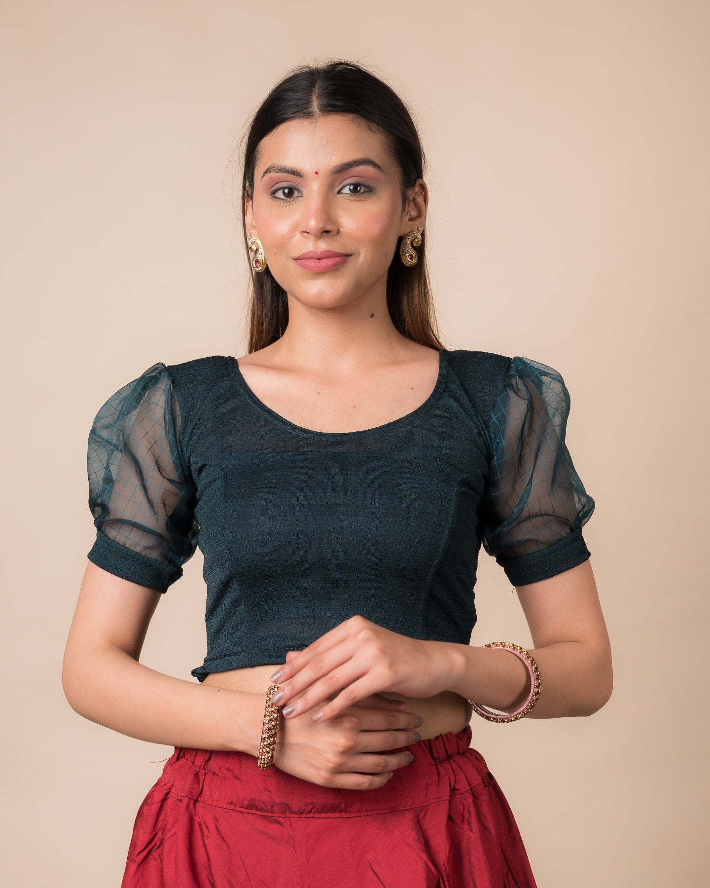 Madhubala Advi Bottle Green Sheer Puff Sleeve Organza Stretchable Blouse