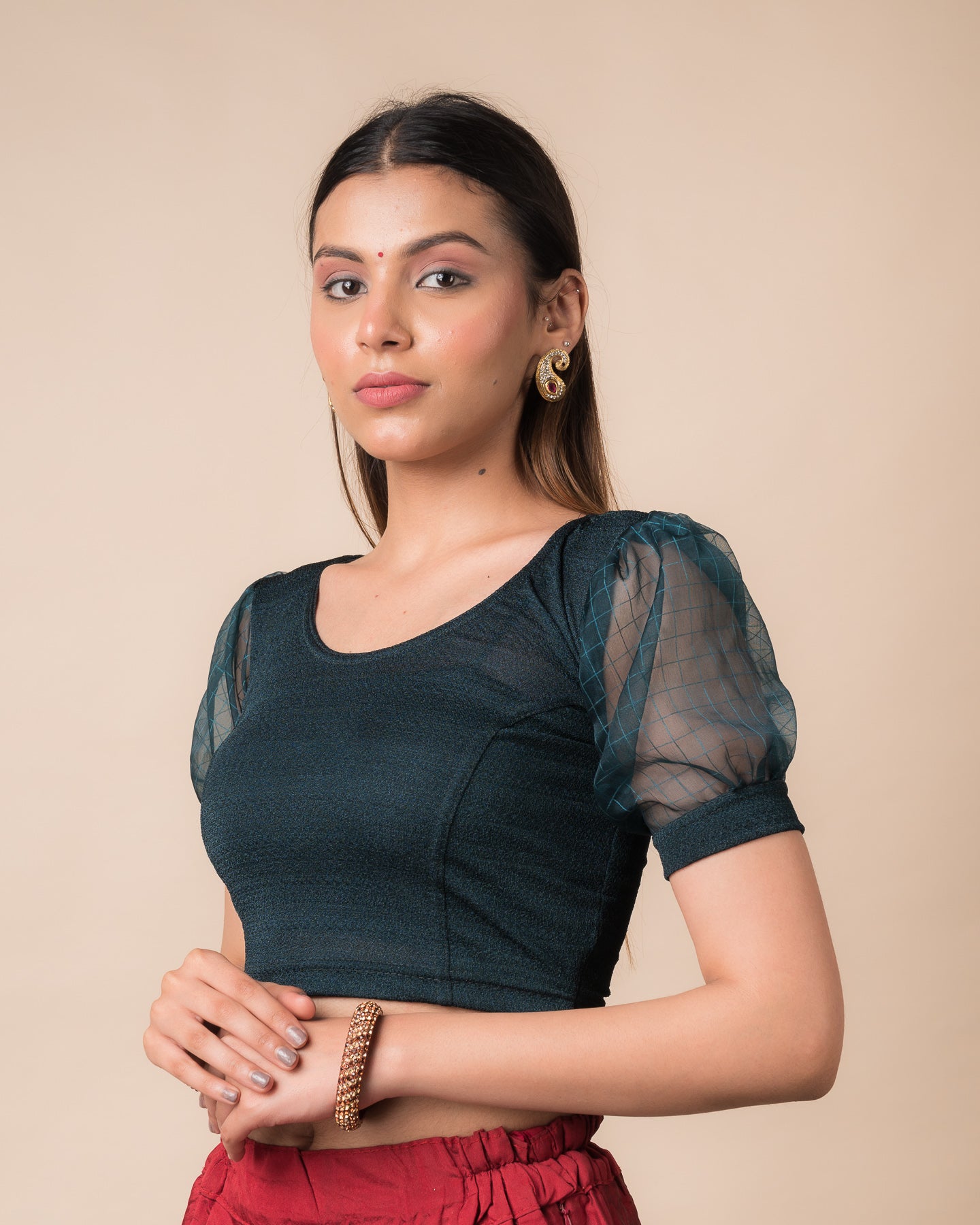 Madhubala Advi Bottle Green Sheer Puff Sleeve Organza Stretchable Blouse