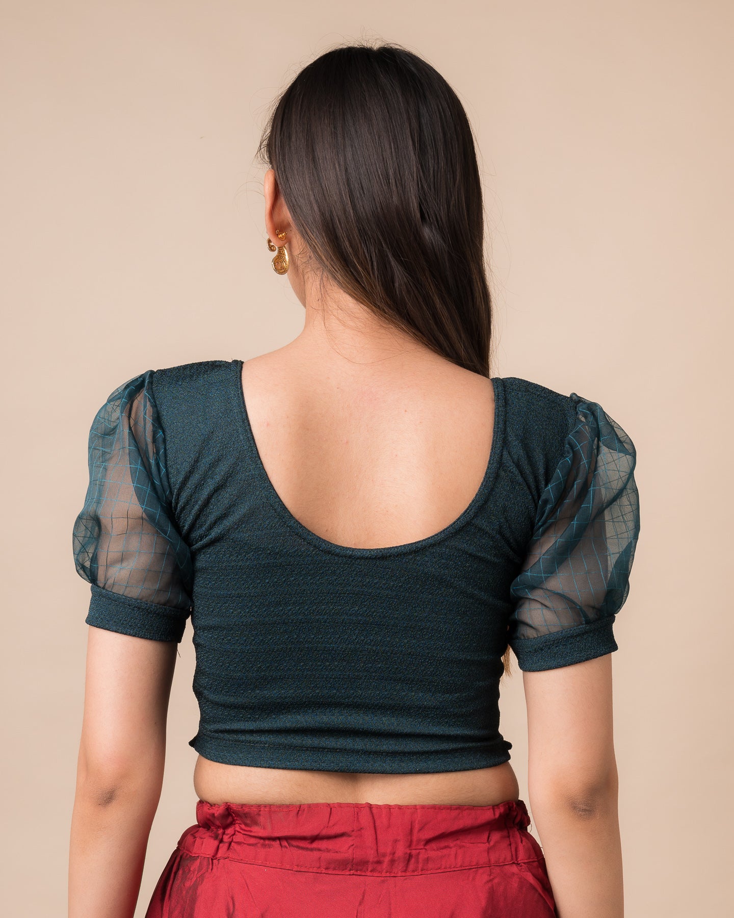 Madhubala Advi Bottle Green Sheer Puff Sleeve Organza Stretchable Blouse