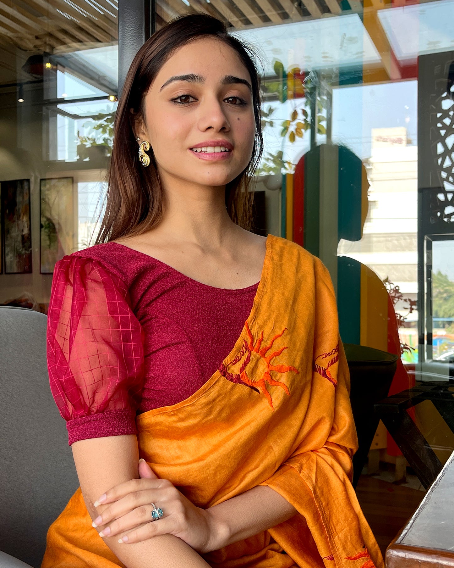 Madhubala Advi Maroon Puff Sleeve Organza Corset Inspired Stretch Blouse