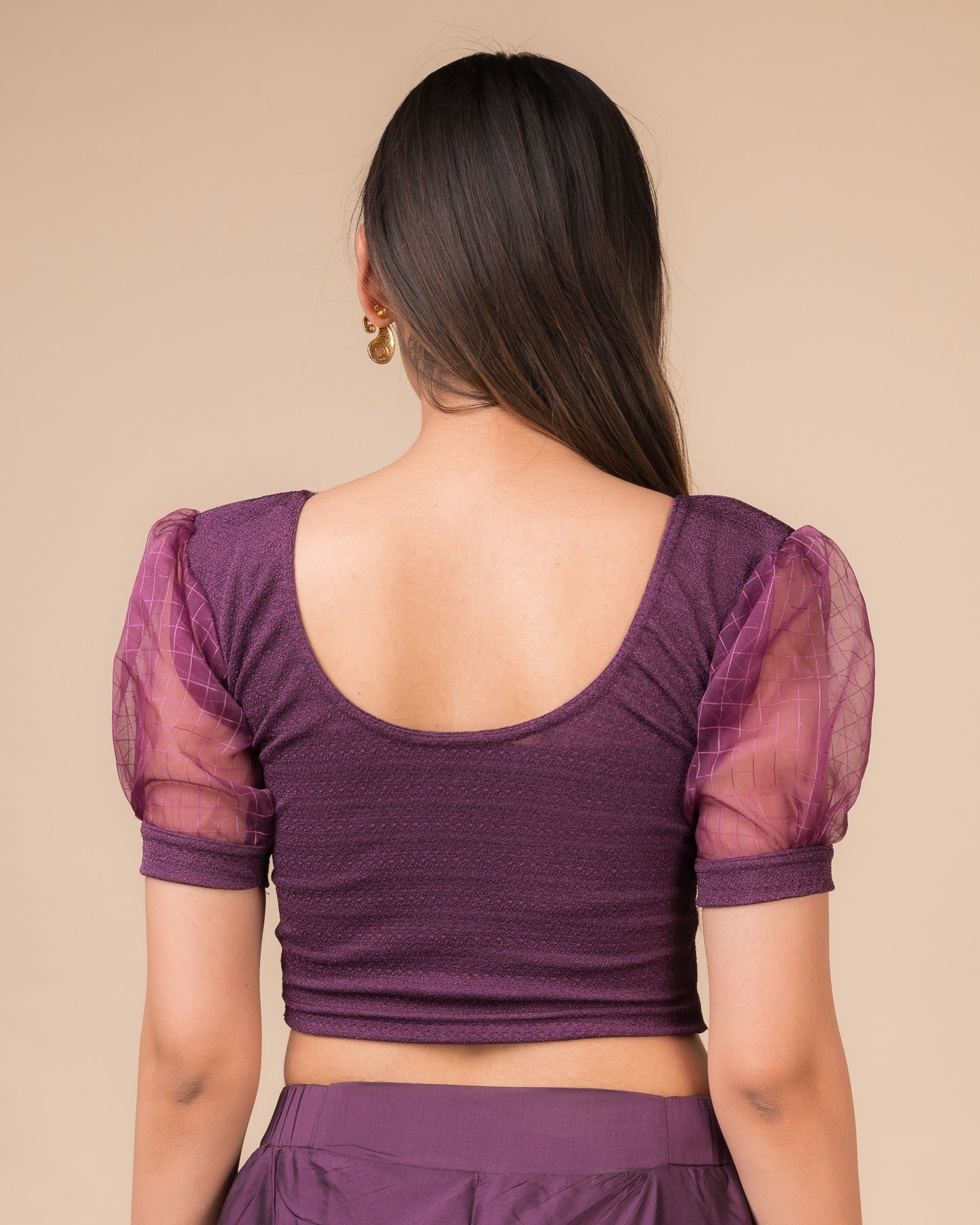 Madhubala Advi Purple Organza Puff Sleeve Bustier Look Stretch Slip On Blouse