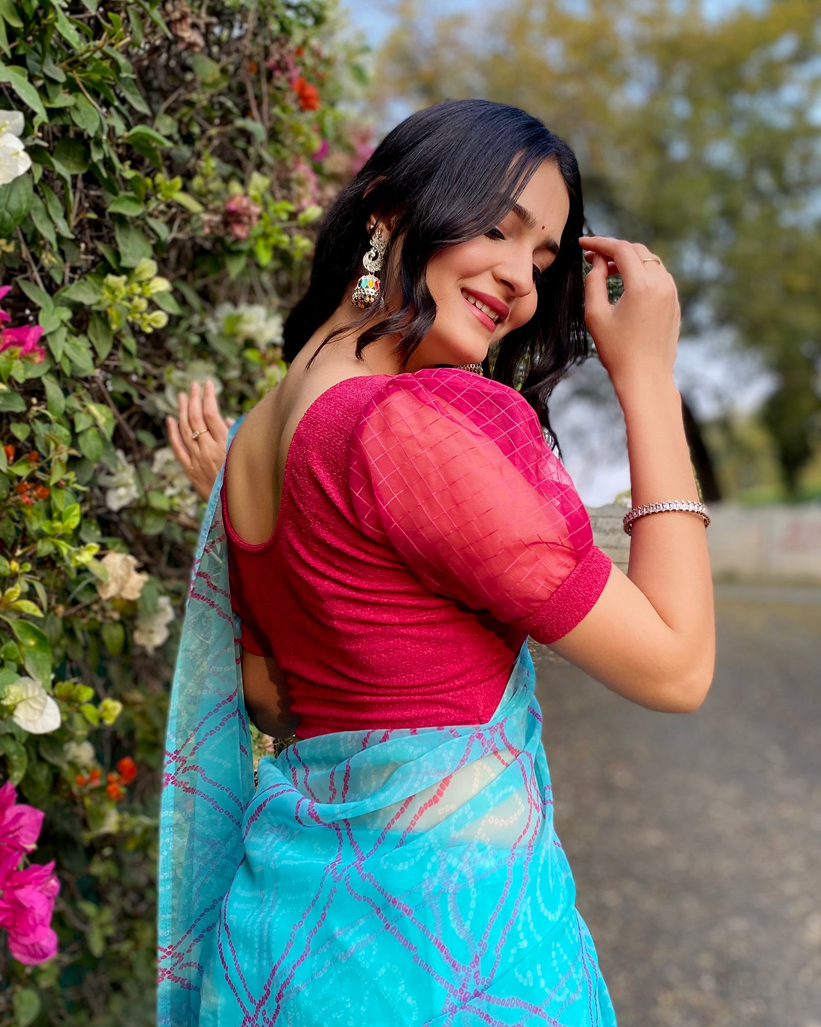 Madhubala Blouse Advi Rani Pink Organza Puff Sleeve Blouse