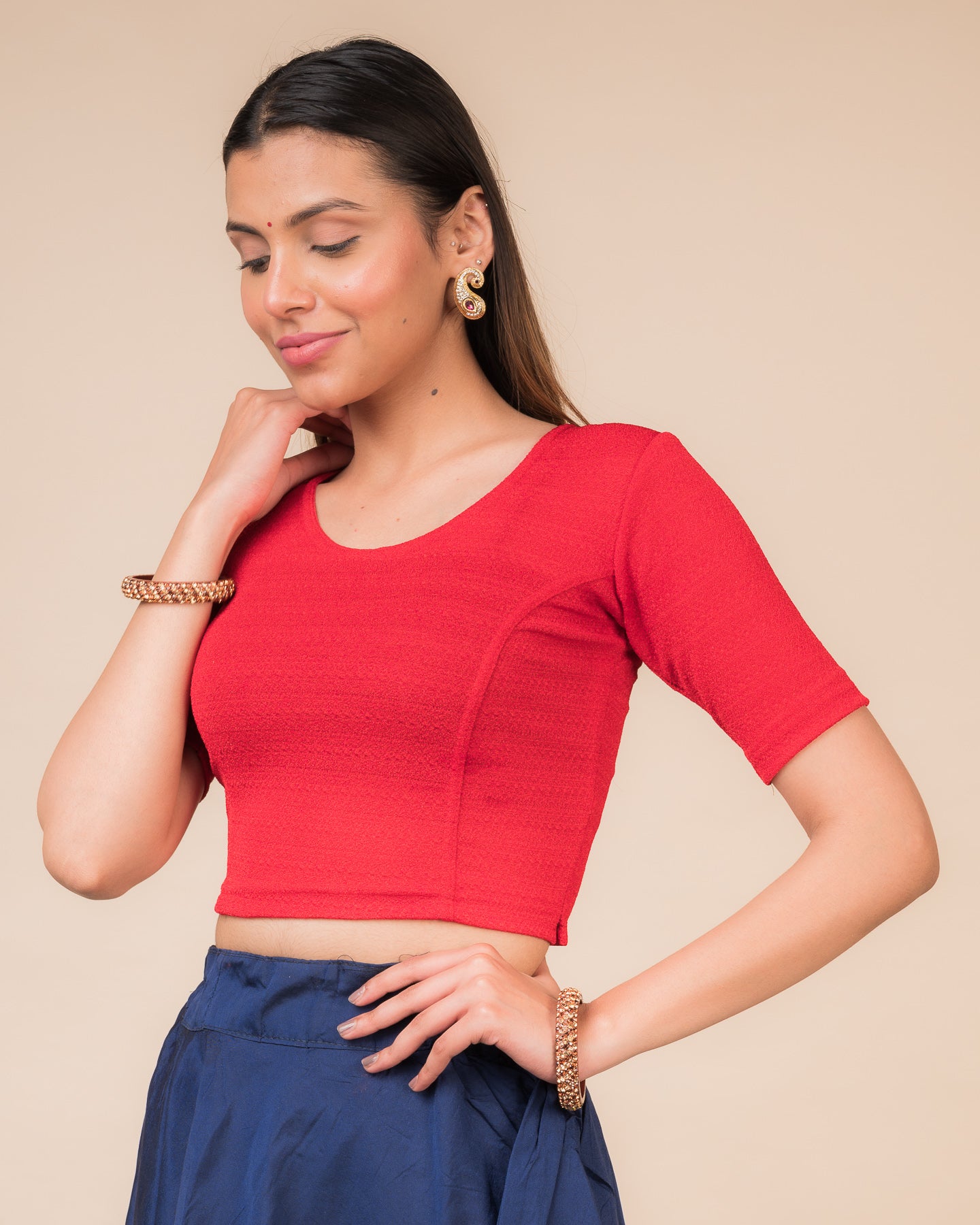 Arishta Red Solid Hook Closure Blouse – Advi Elbow Sleeve Everyday Fit