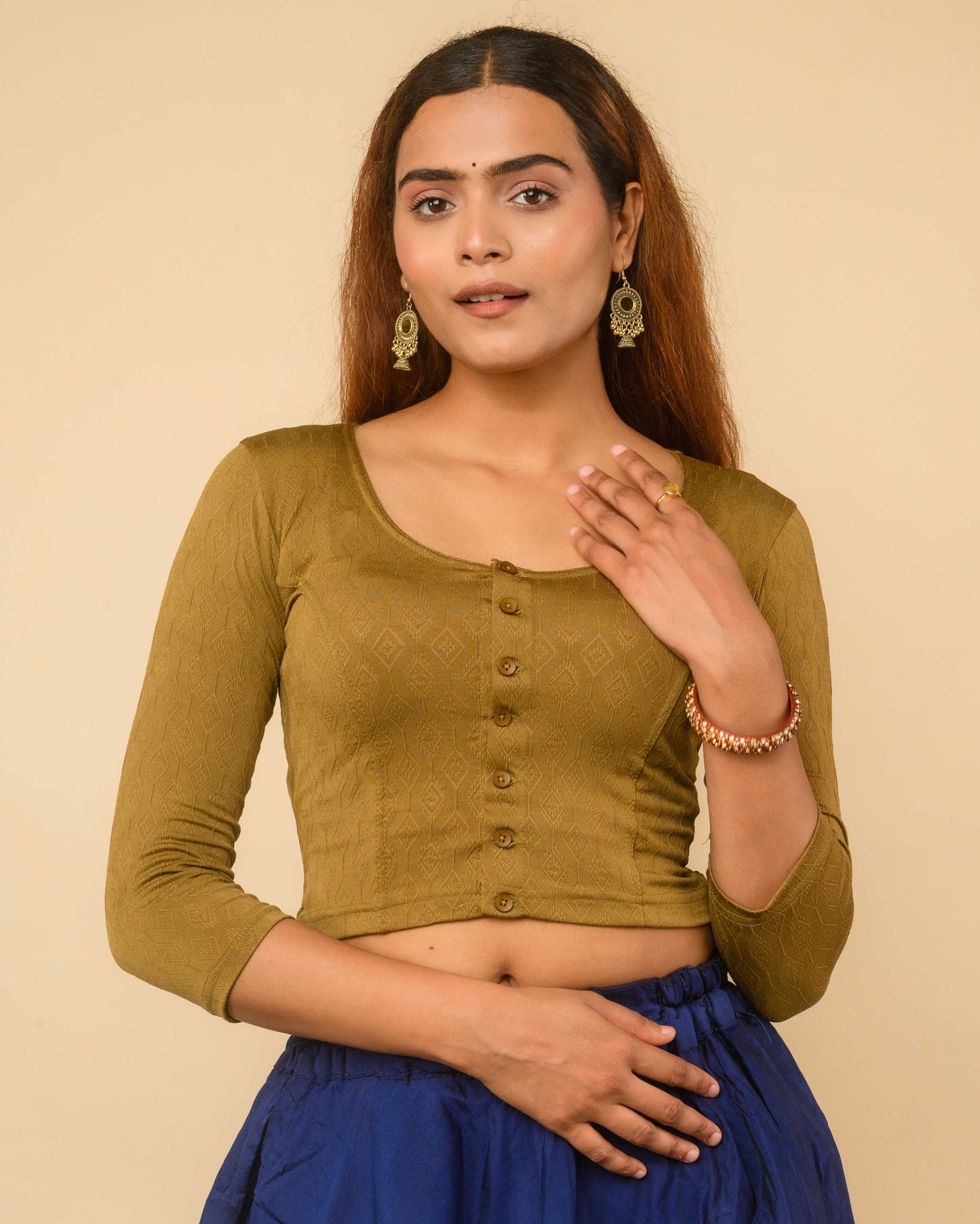 Sakhi Mehendi Green Jacquard Long Sleeve Readymade Saree Blouse – Advi