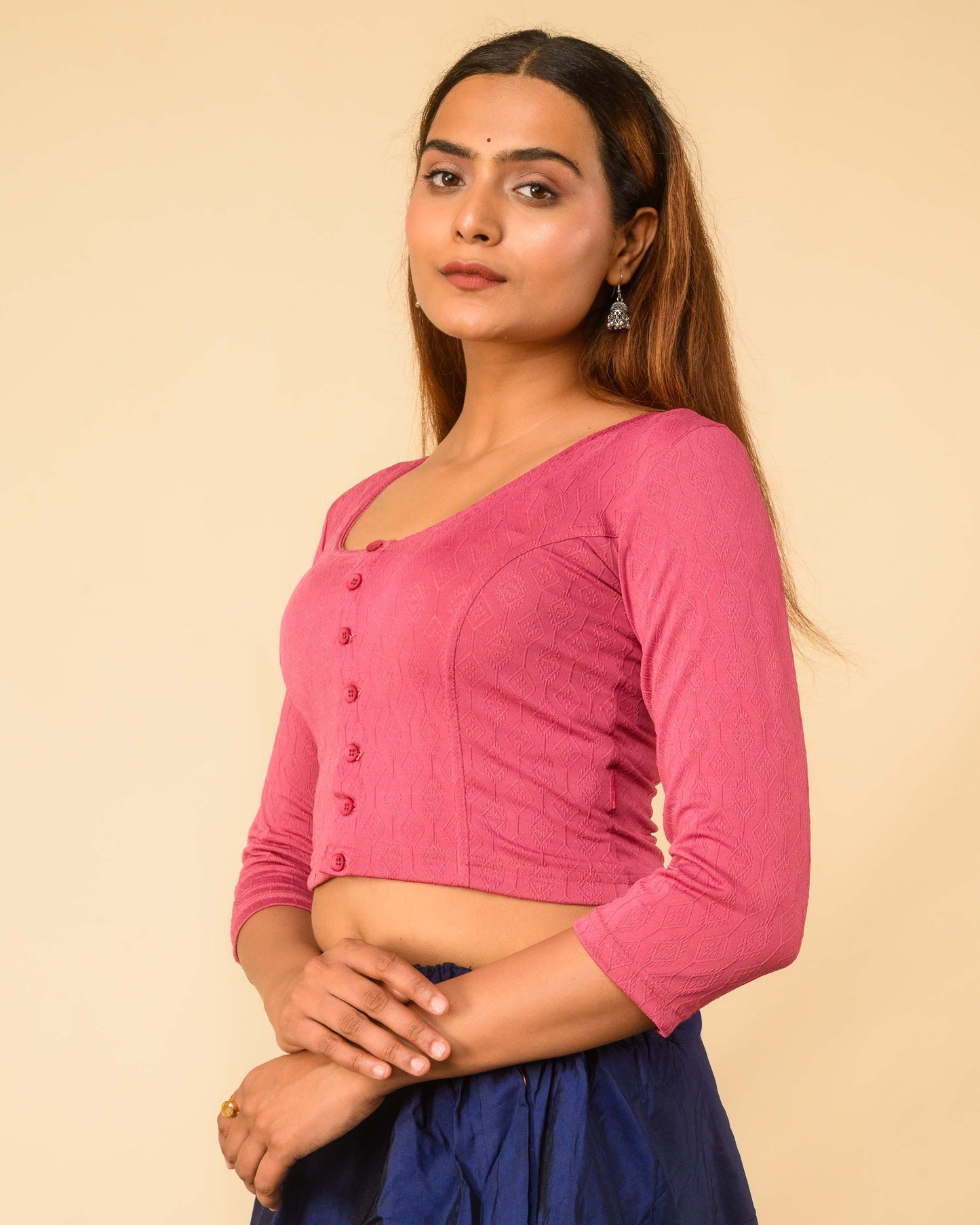 Sakhi Onion Pink Jacquard Long Sleeve Readymade Saree Blouse by Advi