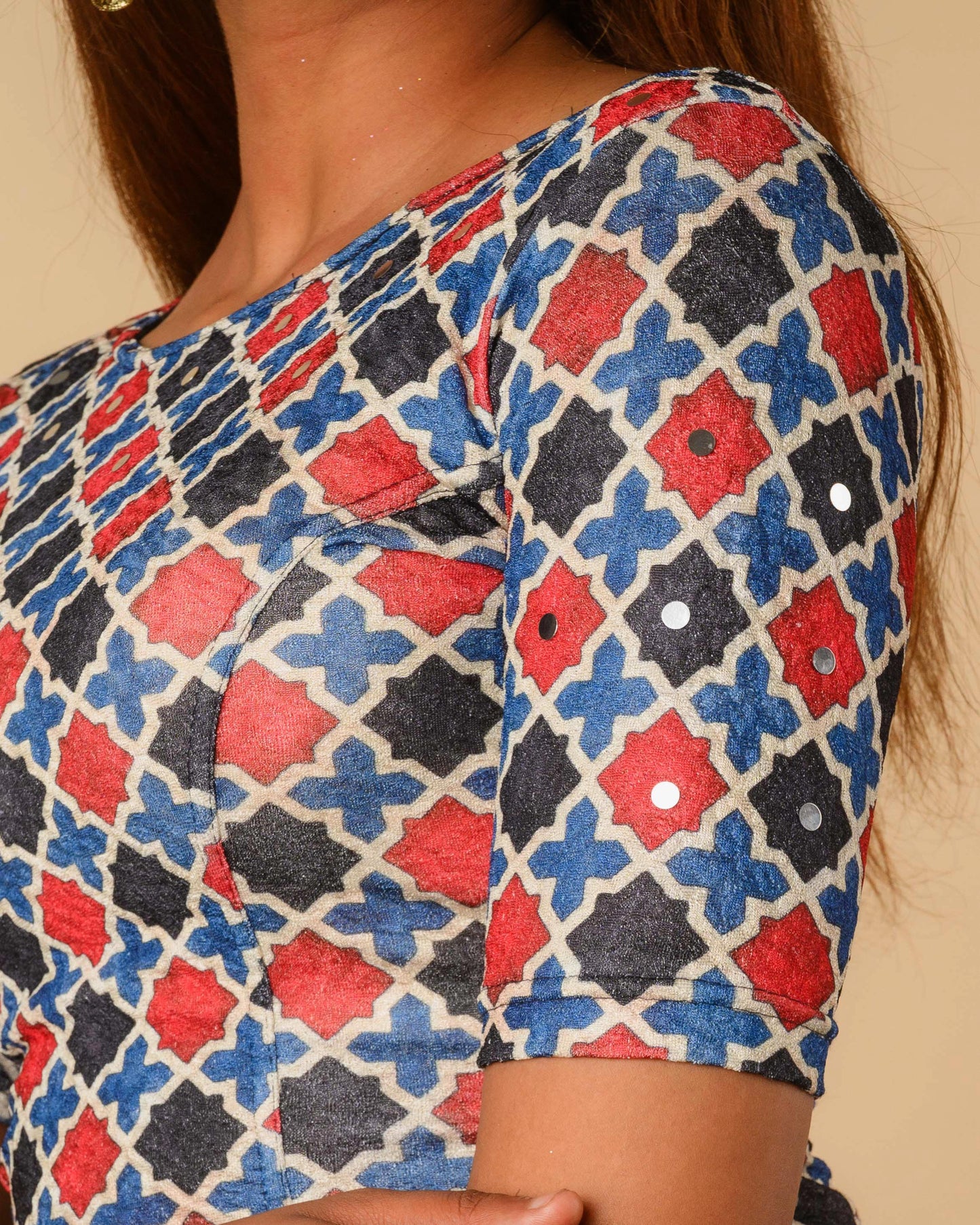 Shabaa Ajrakh Print Jaal Black Mirror Work Readymade Saree Blouse – Advi