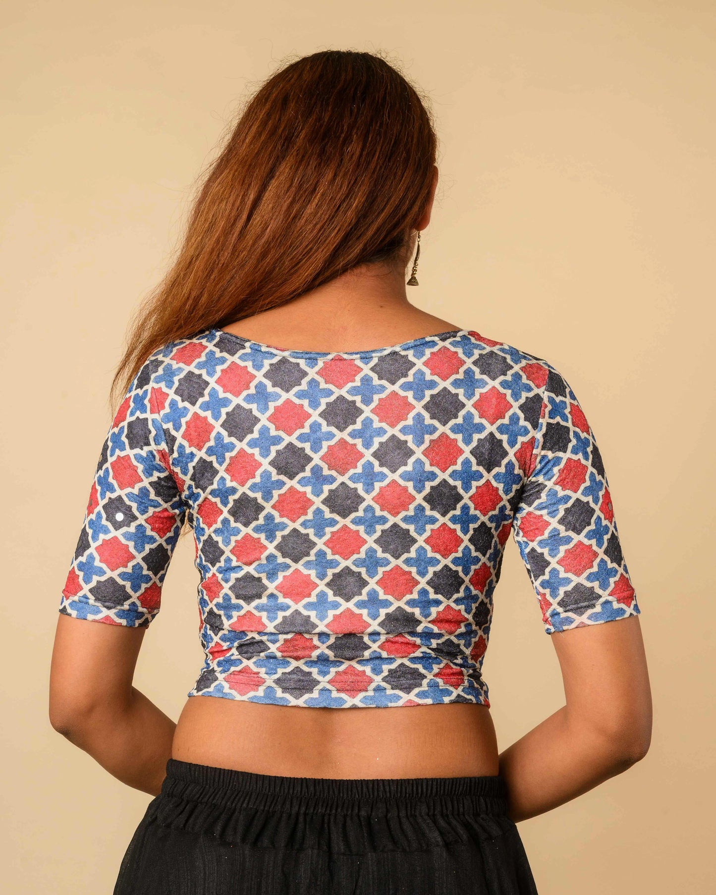 Shabaa Ajrakh Print Jaal Black Mirror Work Readymade Saree Blouse – Advi
