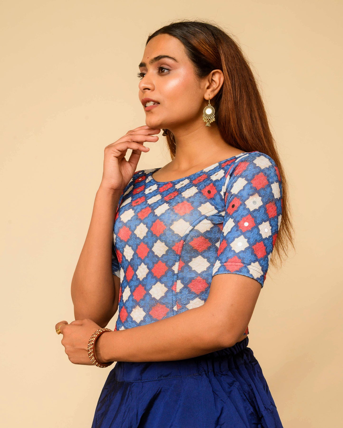 Shabaa Ajrakh Print Jaal Navy Mirror Work Readymade Saree Blouse – Advi