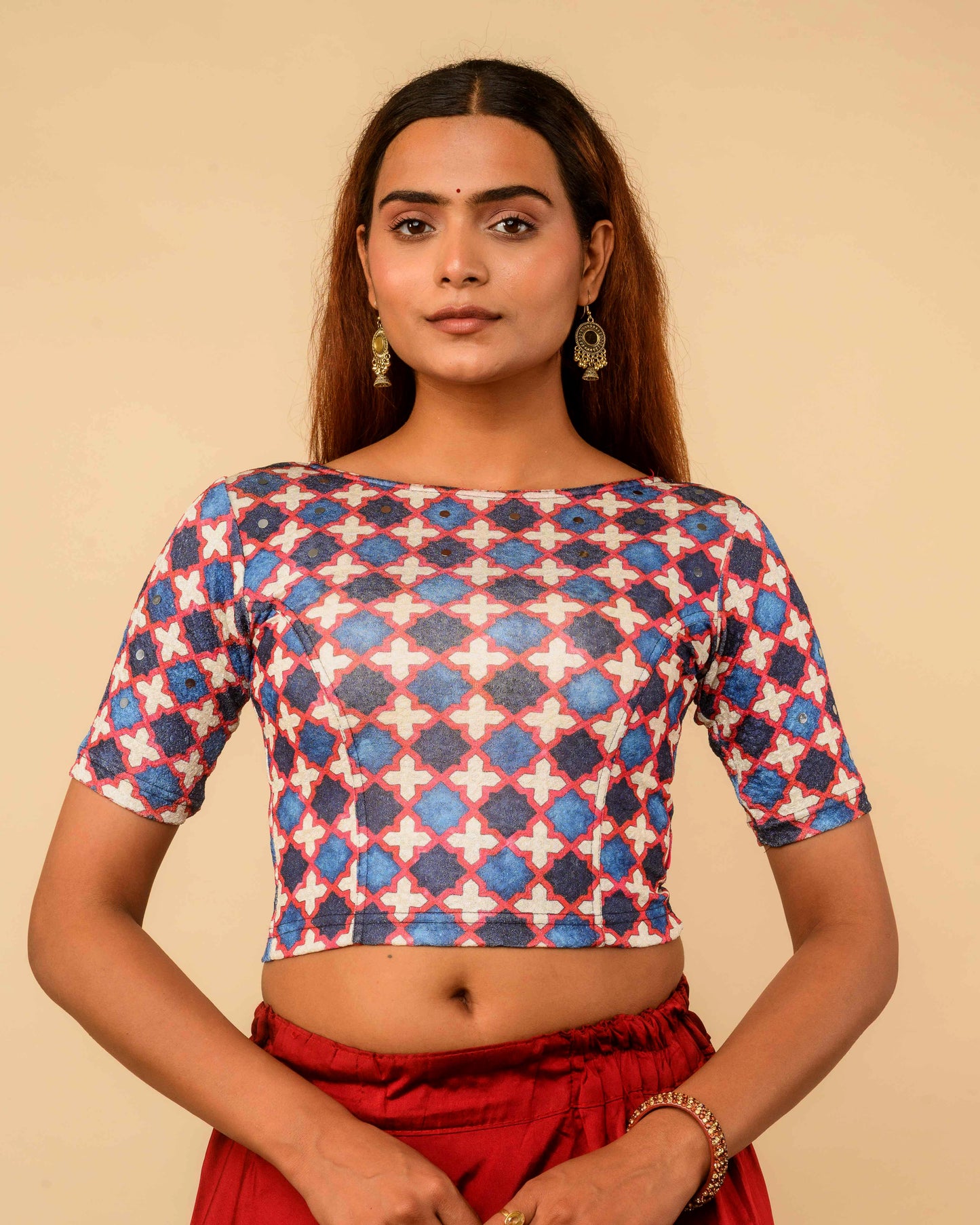 Shabaa Ajrakh Print Jaal Red Mirror Work Readymade Saree Blouse – Advi