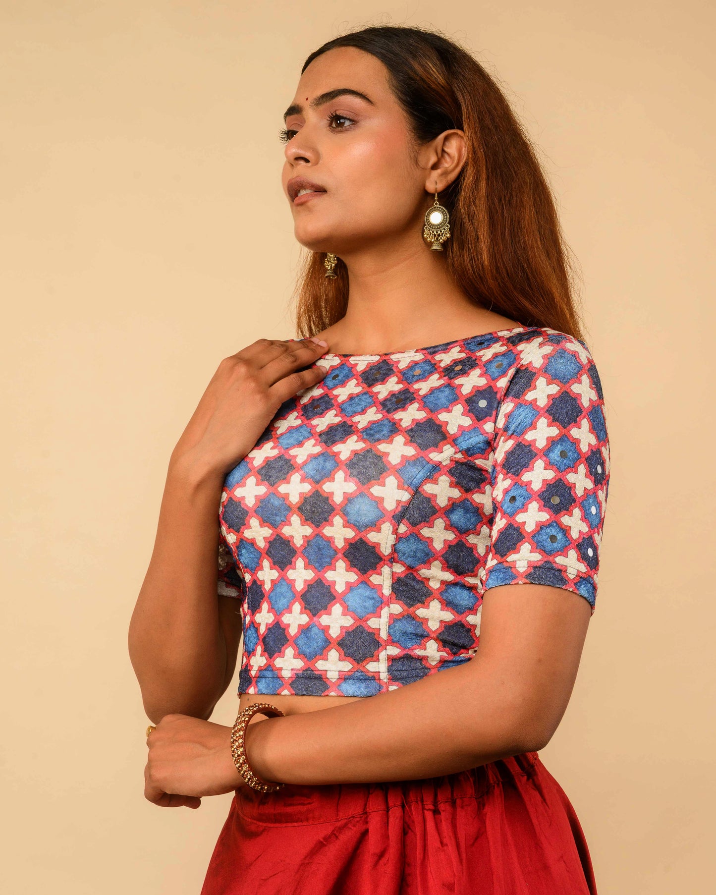 Shabaa Ajrakh Print Jaal Red Mirror Work Readymade Saree Blouse – Advi