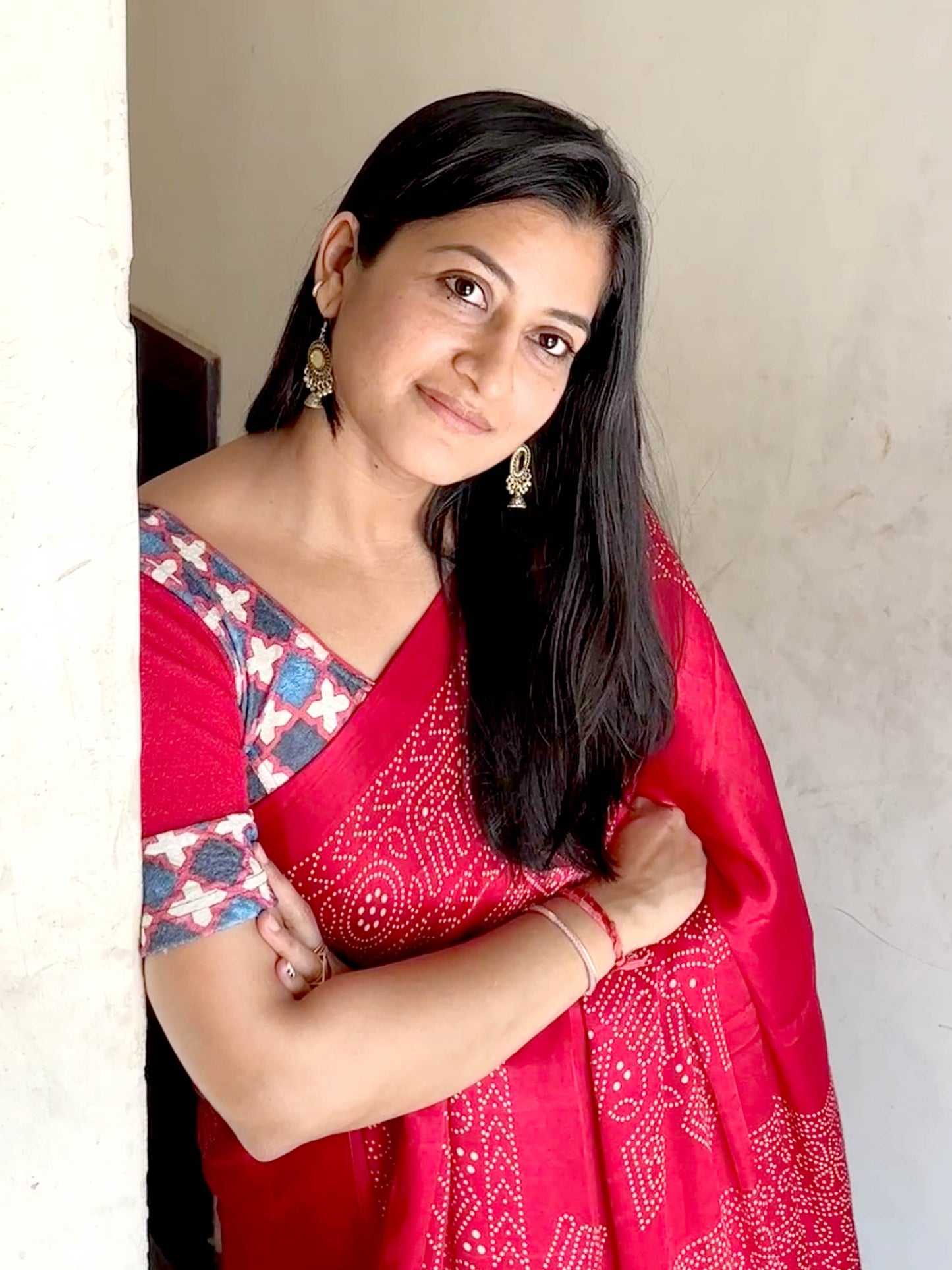 Mohar Red Ajrakh Print & Solid Sleeve Readymade Saree Blouse – Advi