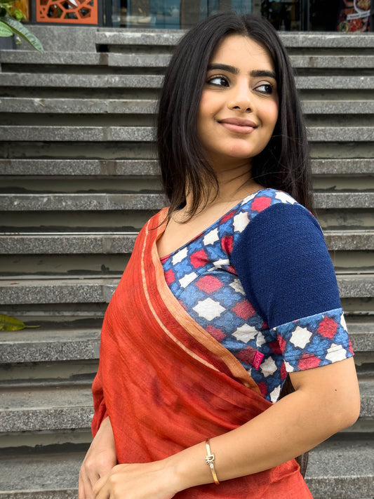 Mohar Navy Blue Ajrakh Print & Solid Sleeve Readymade Saree Blouse – Advi
