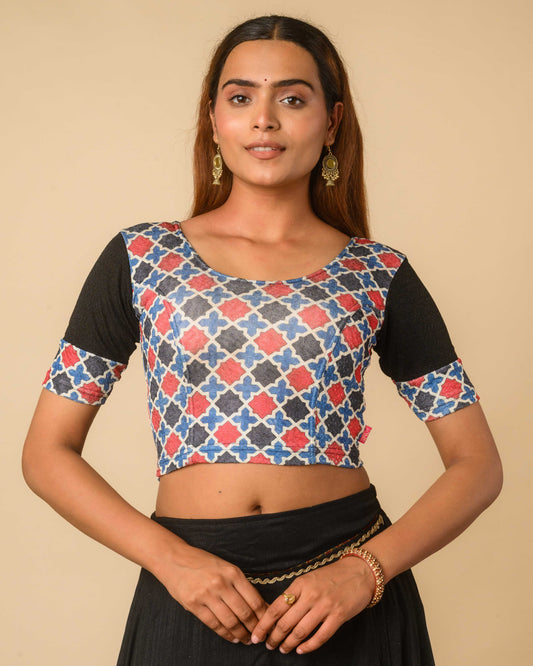 Mohar Black Ajrakh Print & Solid Sleeve Readymade Saree Blouse – Advi