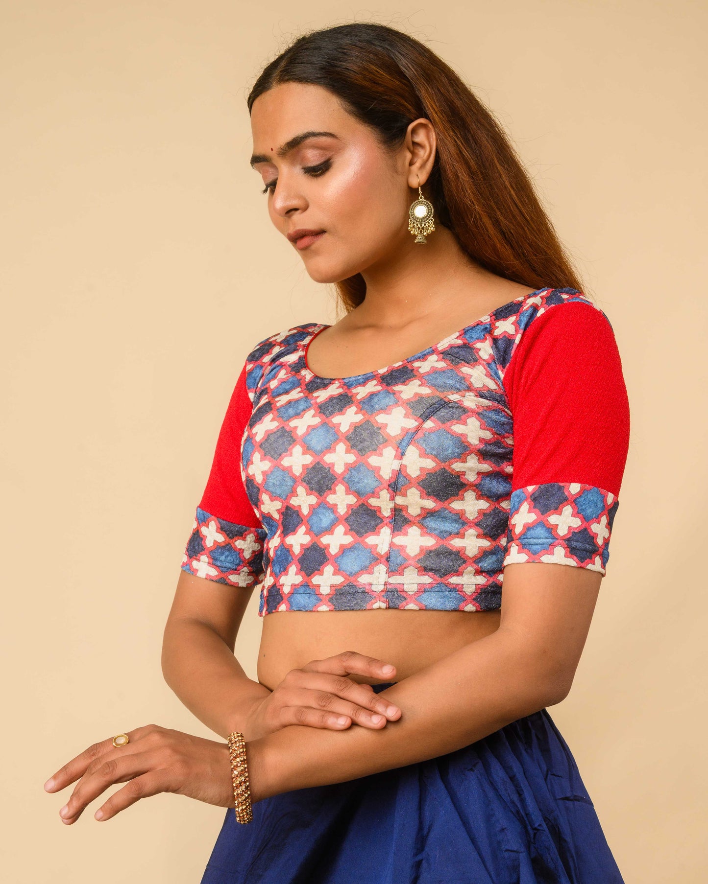 Mohar Red Ajrakh Print & Solid Sleeve Readymade Saree Blouse – Advi