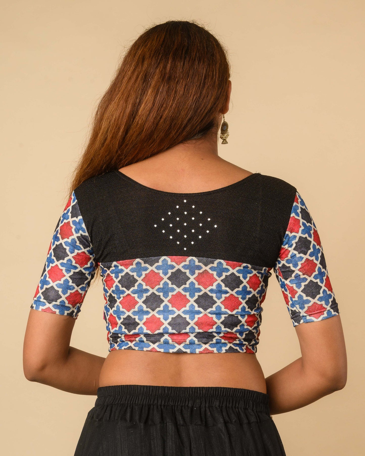 Manek Midnight Black Mirror Ajrakh Saree Blouse – Festive Stretchable by Advi