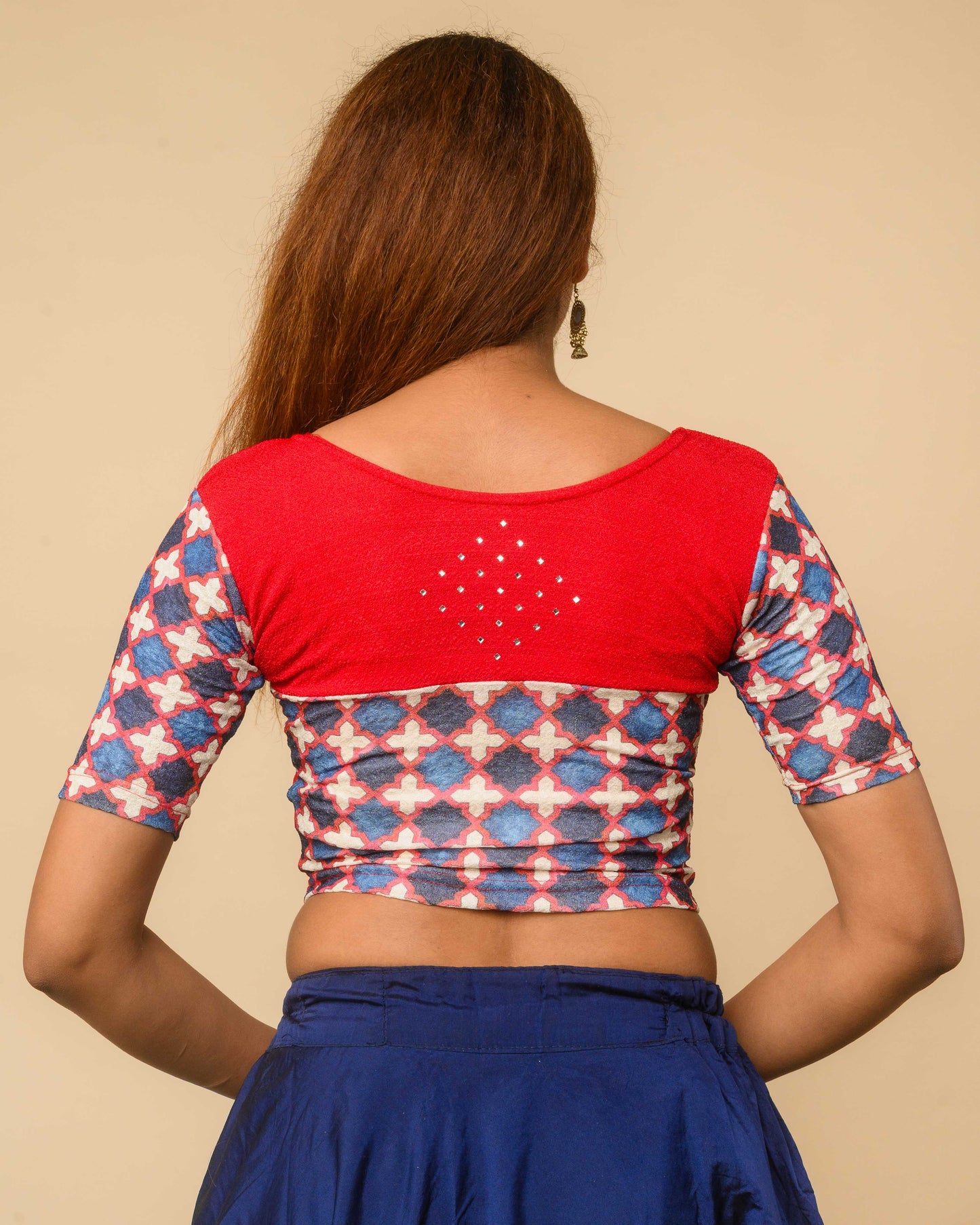 Manek Red Mirror Ajrakh Saree Blouse – Festive Stretchable by Advi