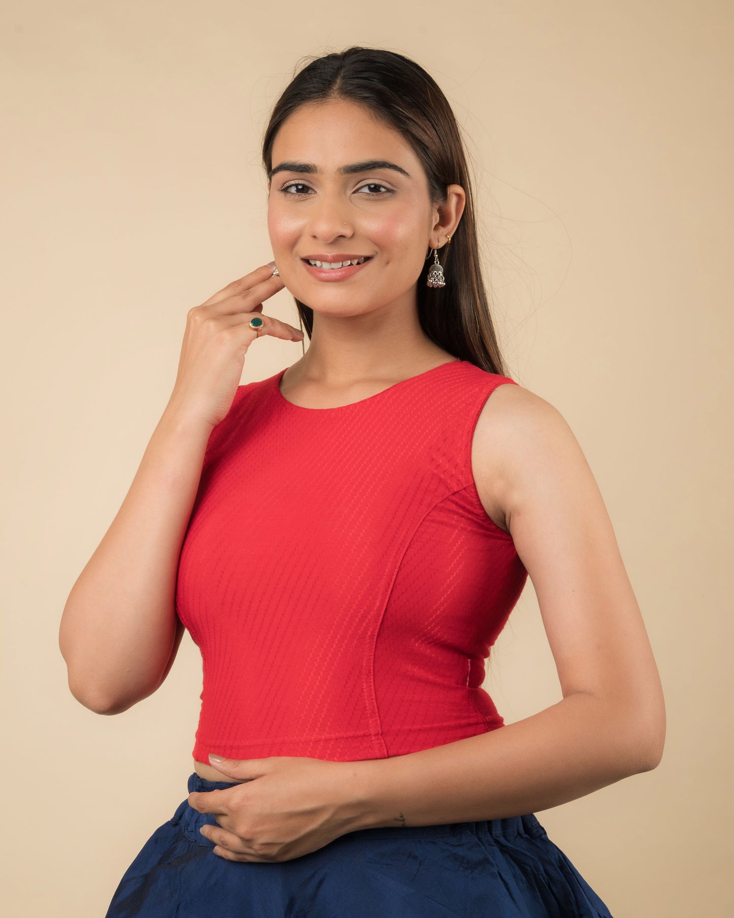 Side profile highlighting the fit and high neckline