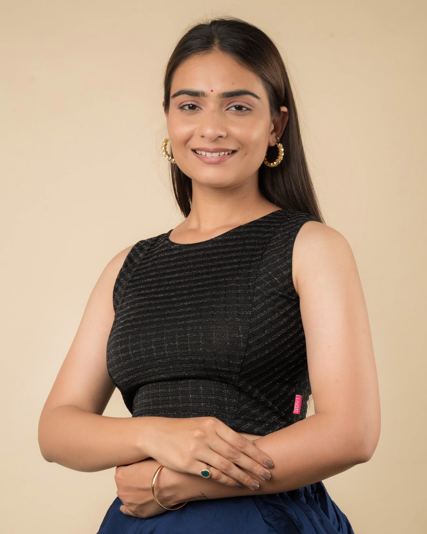 Dhara Black Two-Tone Striped Sleeveless Blouse by Advi